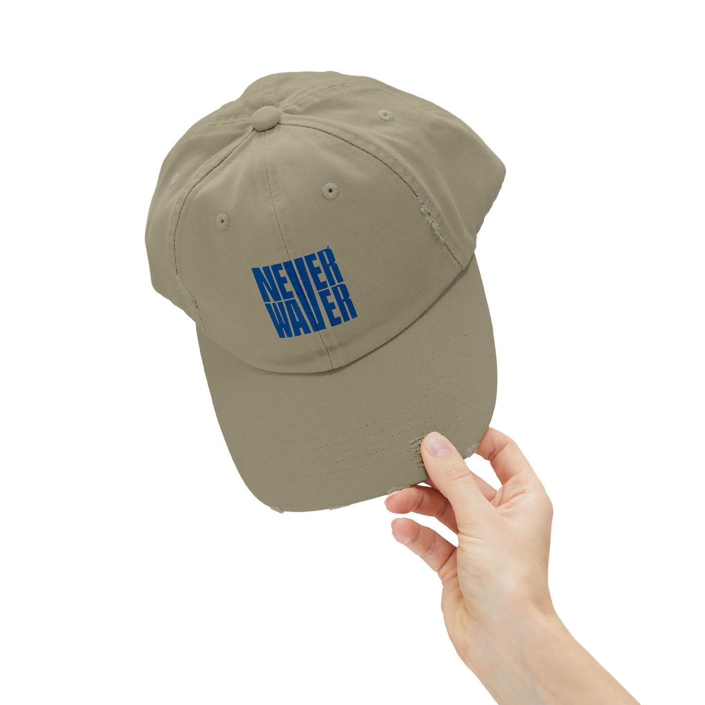 Unisex Distressed Cap - ‘NEVER WAVER’ Motivational Hat for Everyday Inspiration
