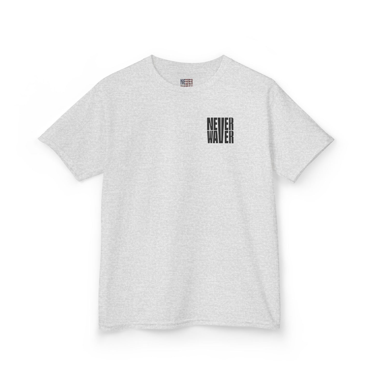Kids Tee Never Waver” Jesus t-shirt might feature a bold, eye-catching design that reflects a steadfast faith and confidence in Christ.  - Never Waver