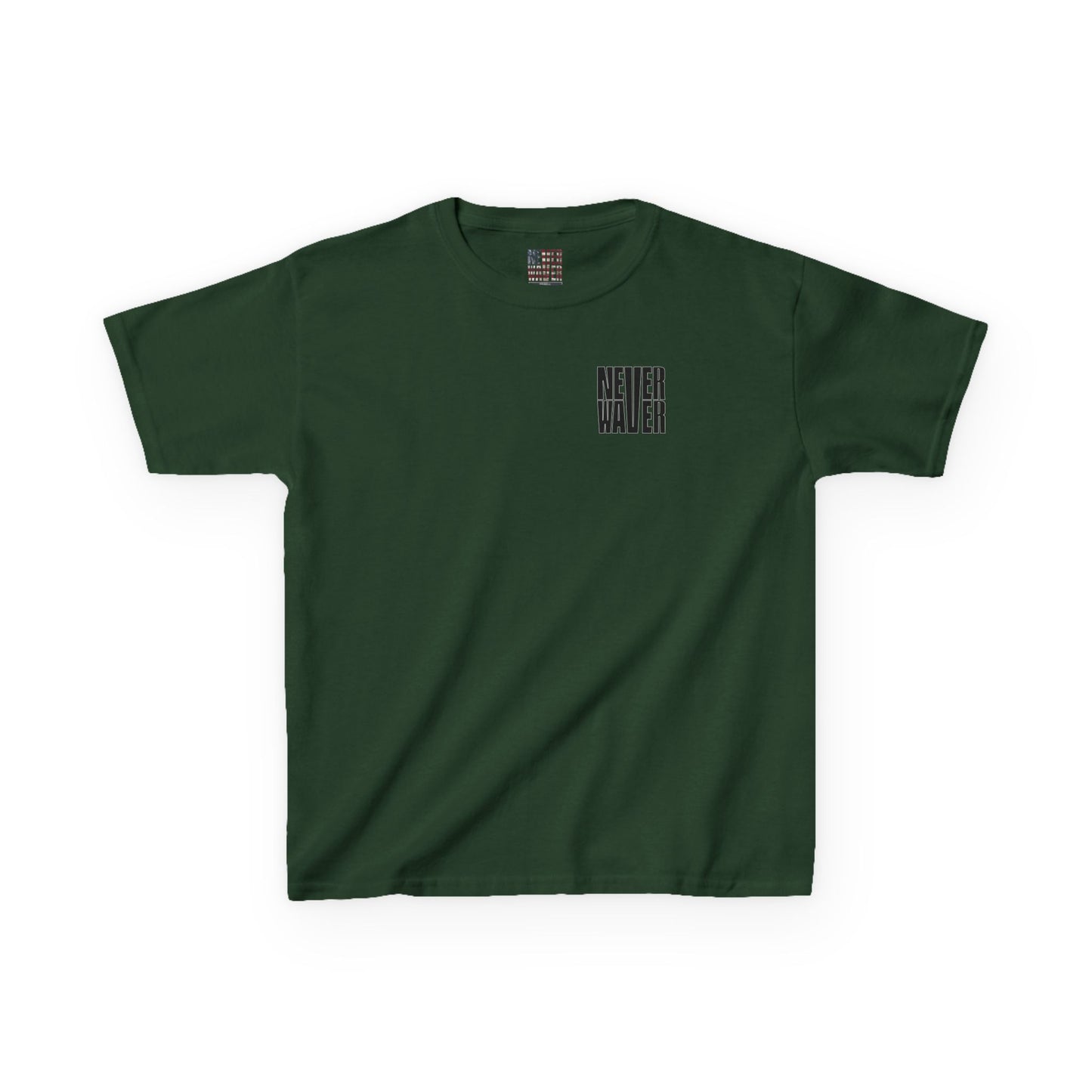 Kids Tee Never Waver” Jesus t-shirt might feature a bold, eye-catching design that reflects a steadfast faith and confidence in Christ.  - Never Waver