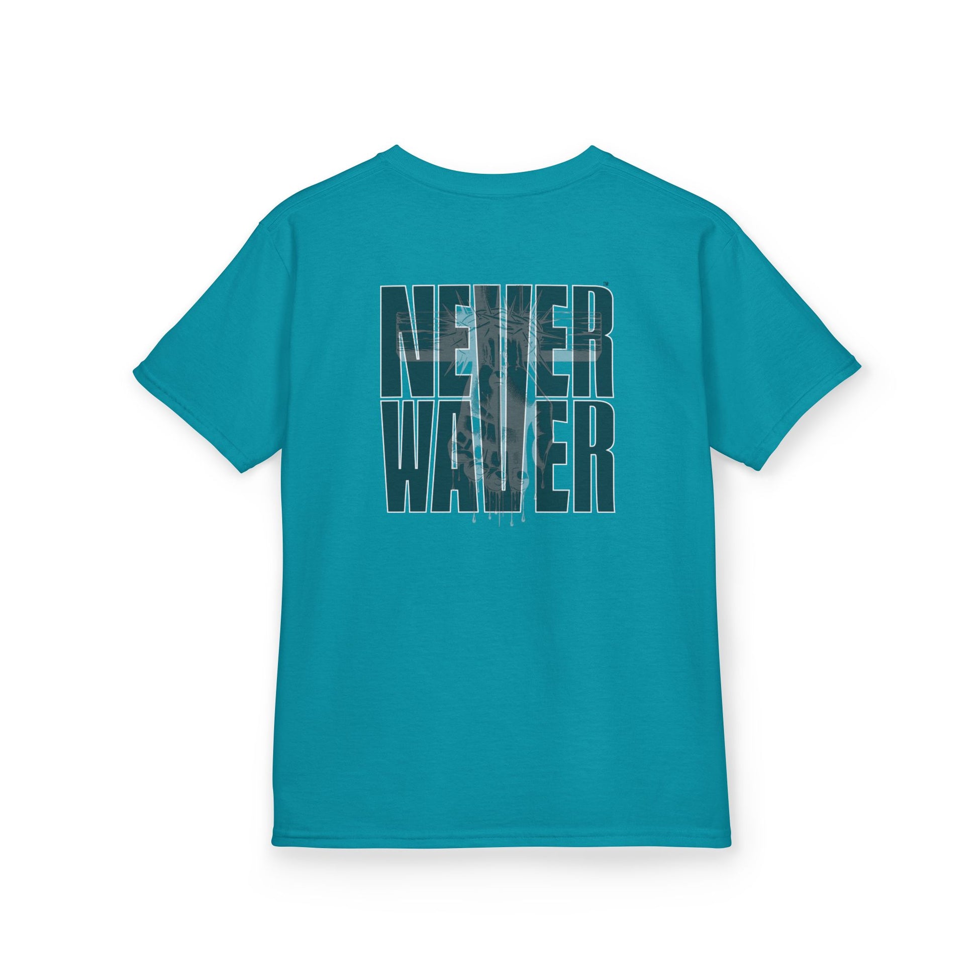 Kids Tee Never Waver” Jesus t-shirt might feature a bold, eye-catching design that reflects a steadfast faith and confidence in Christ.  - Never Waver
