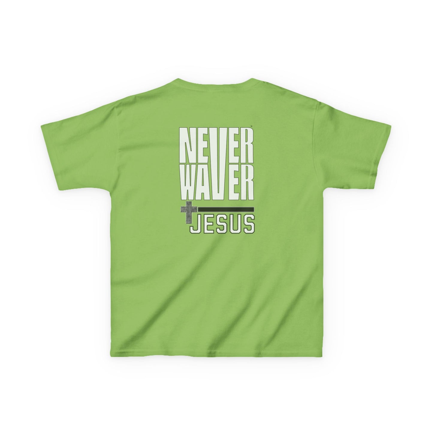 Kids Golf Tee -Never Waver” Jesus a bold, eye-catching design that reflects a steadfast faith and confidence in Christ. - Never Waver