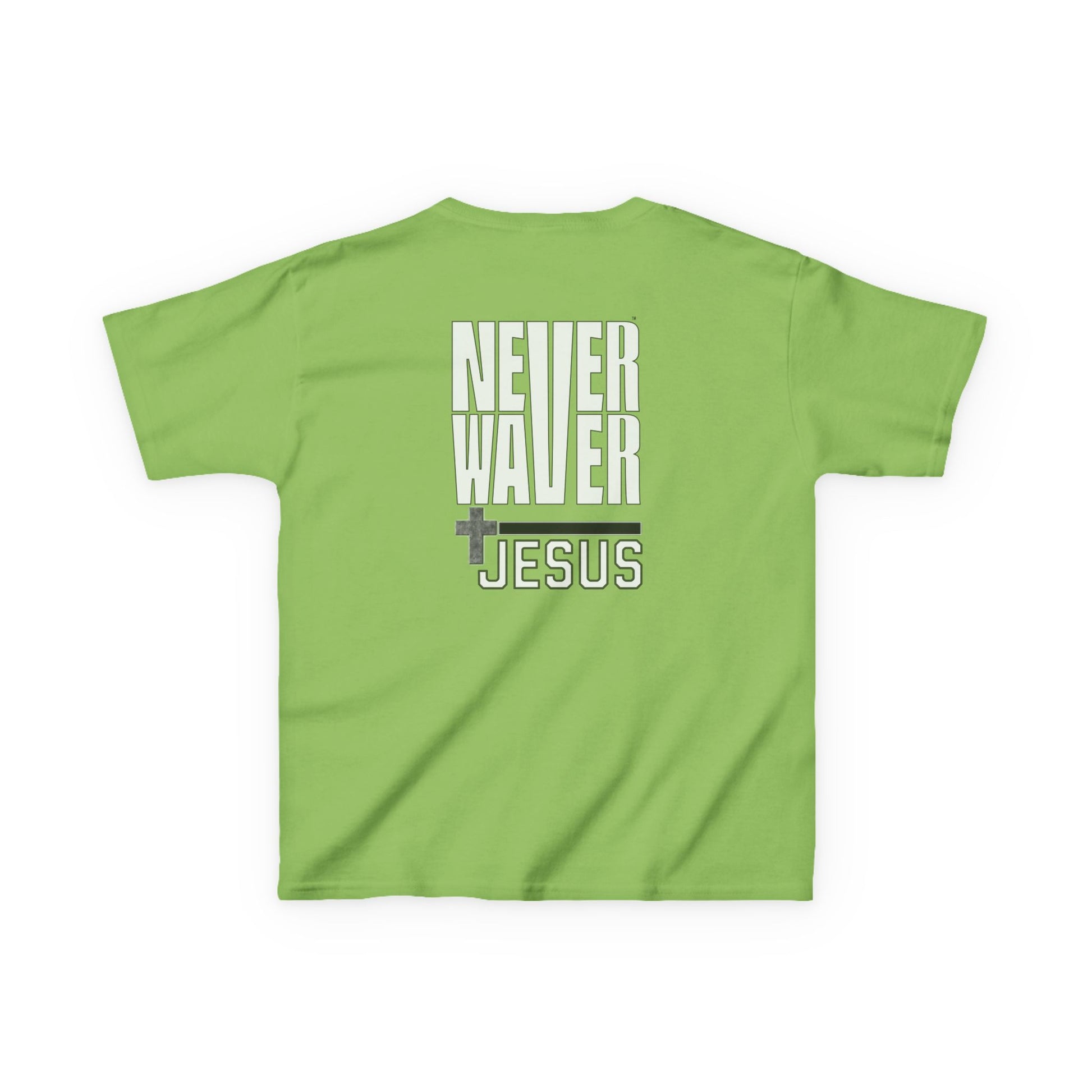 Kids Golf Tee -Never Waver” Jesus a bold, eye-catching design that reflects a steadfast faith and confidence in Christ. - Never Waver
