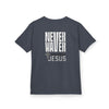 Kids Golf Tee -Never Waver” Jesus a bold, eye-catching design that reflects a steadfast faith and confidence in Christ. - Never Waver