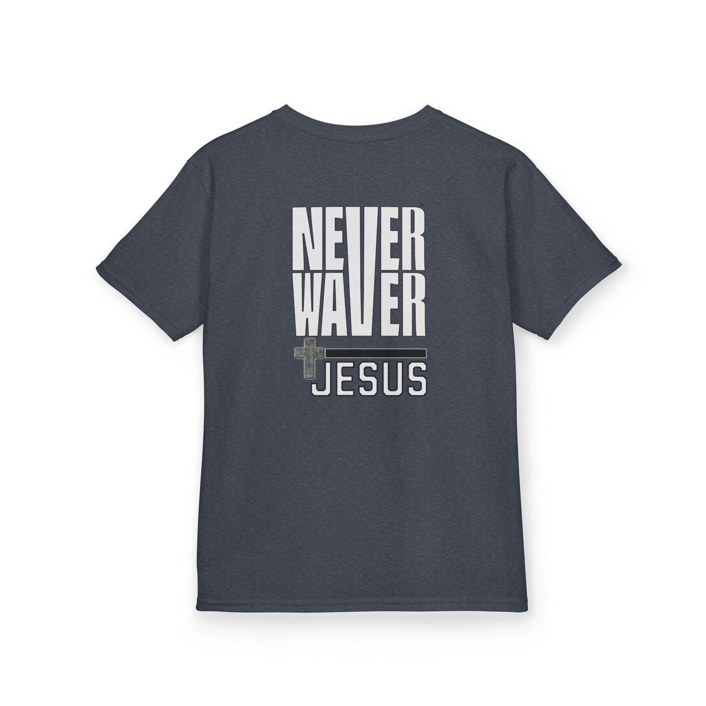 Kids Golf Tee -Never Waver” Jesus a bold, eye-catching design that reflects a steadfast faith and confidence in Christ. - Never Waver