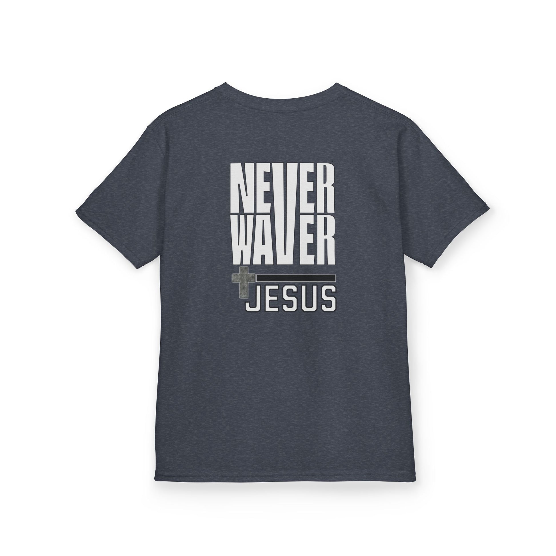 Kids Golf Tee -Never Waver” Jesus a bold, eye-catching design that reflects a steadfast faith and confidence in Christ. - Never Waver
