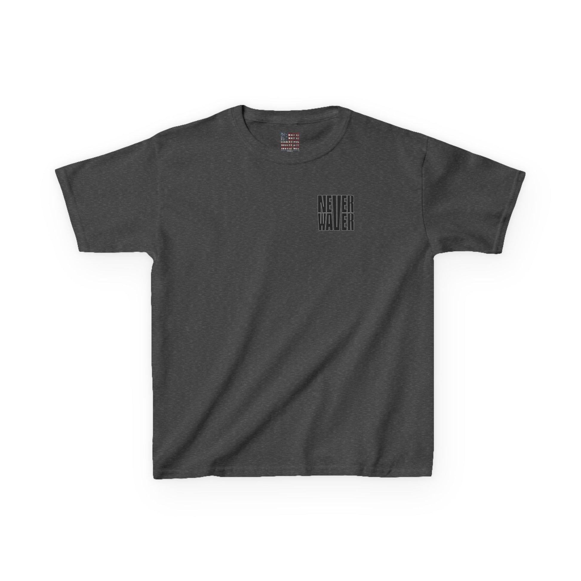 Kids Tee Never Waver” Jesus t-shirt might feature a bold, eye-catching design that reflects a steadfast faith and confidence in Christ.  - Never Waver