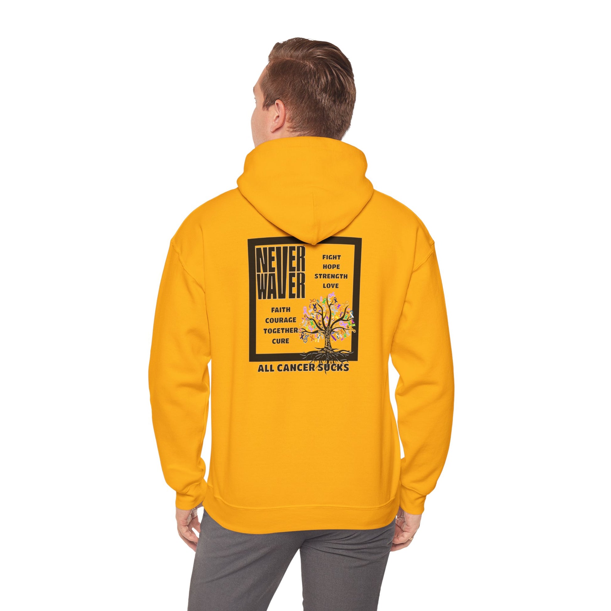 Cancer Awareness Hoodie - Never Waver - Fight, Hope, Strength, Love Tree of Ribbons - Never Waver
