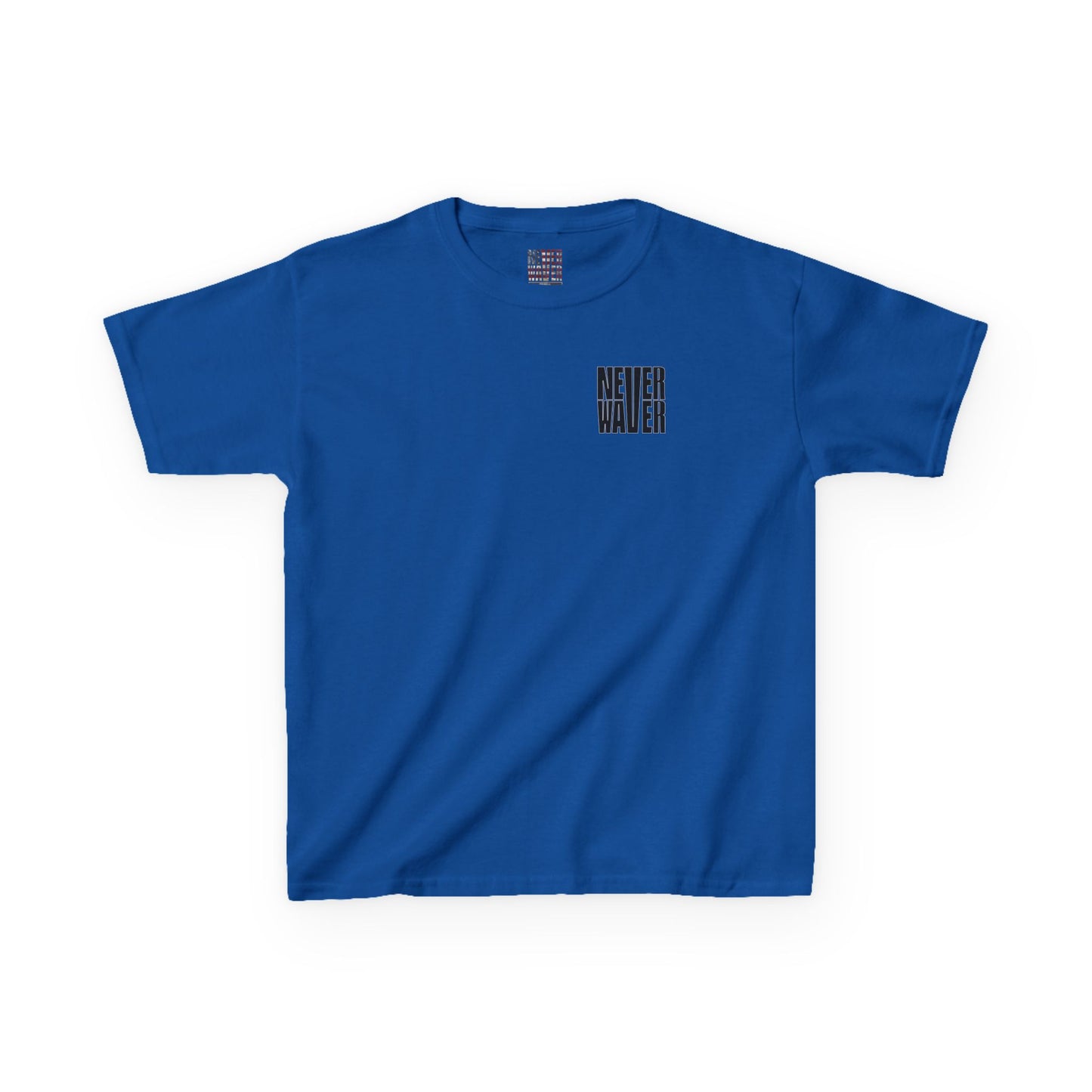 Kids Tee Never Waver” Jesus t-shirt might feature a bold, eye-catching design that reflects a steadfast faith and confidence in Christ.  - Never Waver
