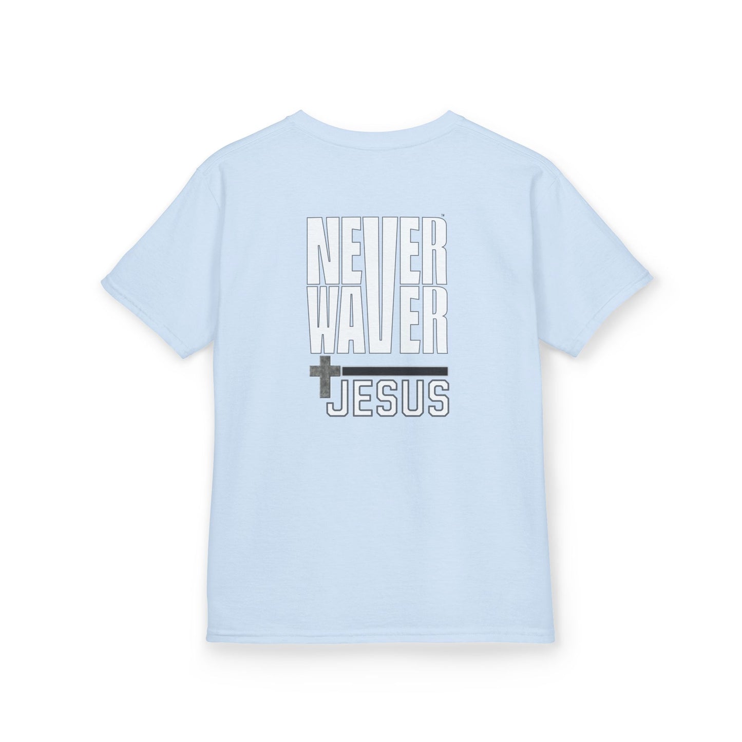 Kids Golf Tee -Never Waver” Jesus a bold, eye-catching design that reflects a steadfast faith and confidence in Christ. - Never Waver