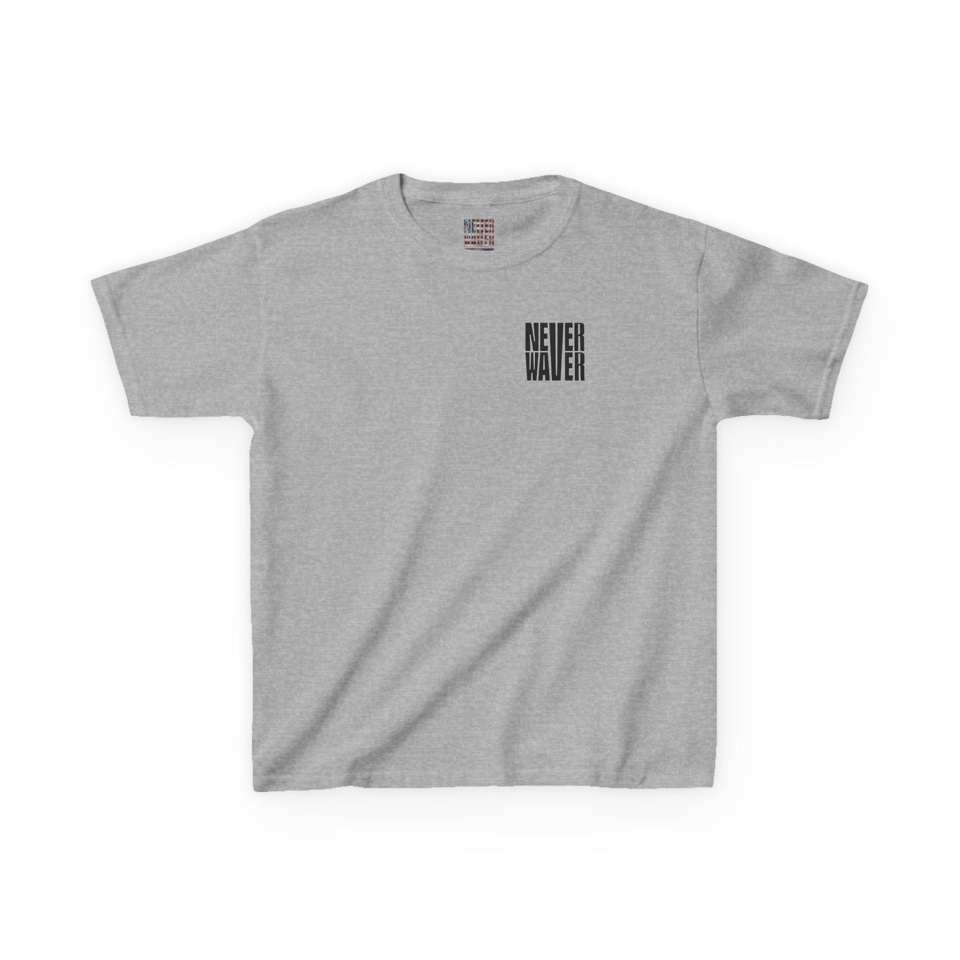 Kids Tee Never Waver” Jesus t-shirt might feature a bold, eye-catching design that reflects a steadfast faith and confidence in Christ.  - Never Waver