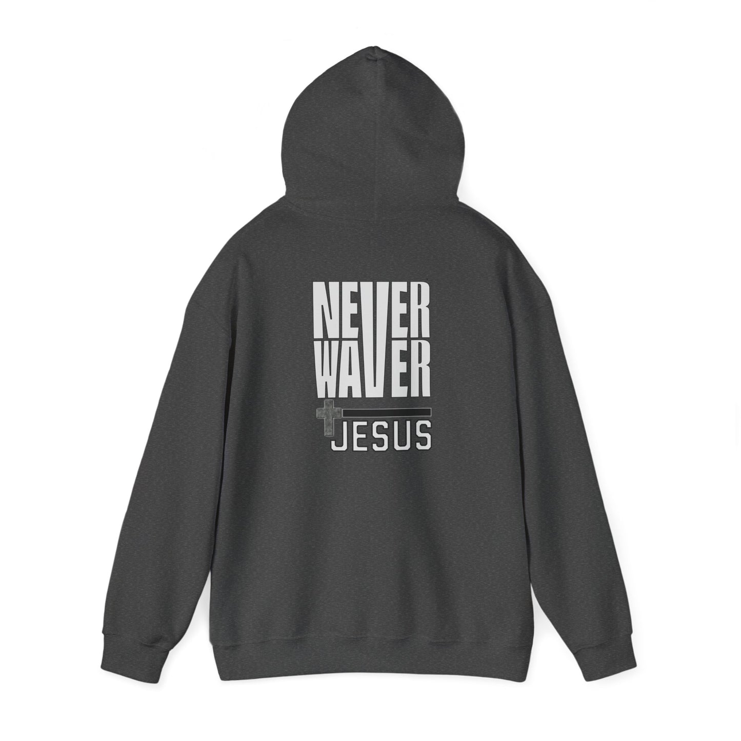 Never Waver” Jesus a bold, eye-catching design that reflects a steadfast faith and confidence in Christ. Hoodie - Unisex Heavy Blend™ Sweatshirt - Never Waver