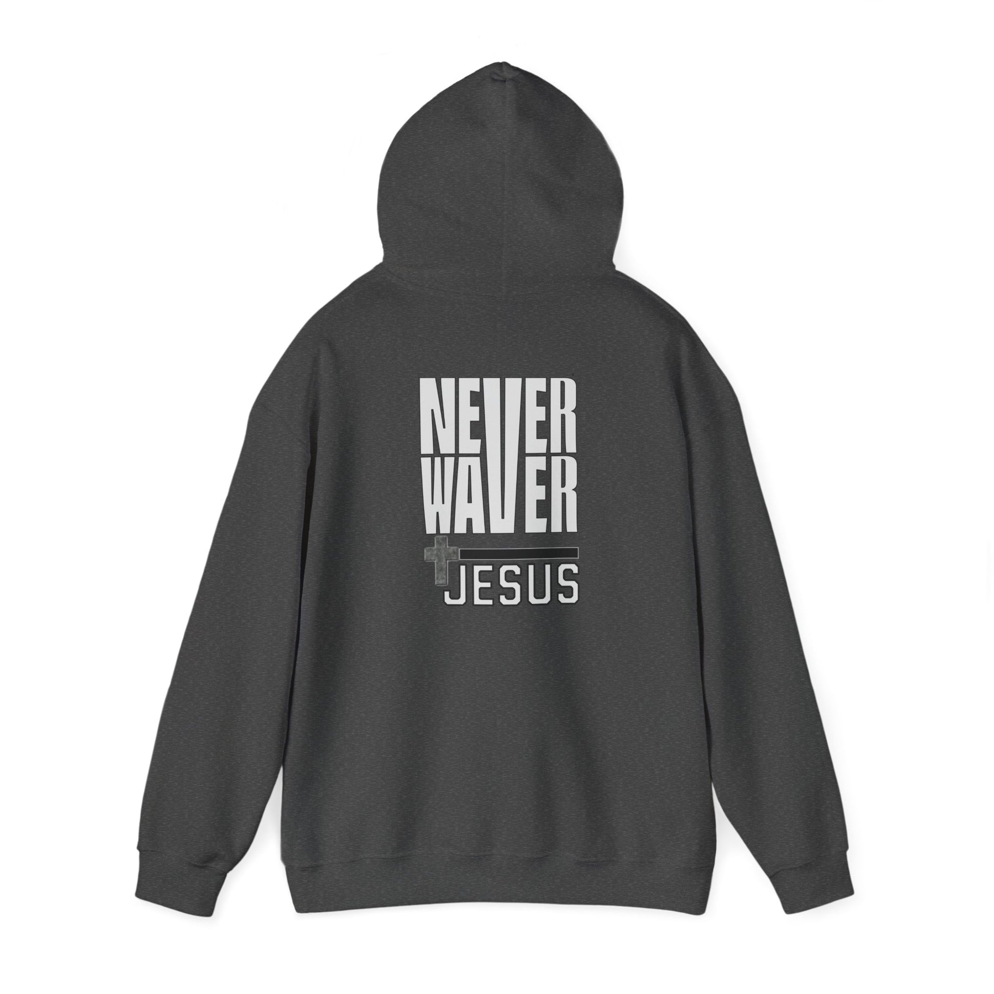 Never Waver” Jesus a bold, eye-catching design that reflects a steadfast faith and confidence in Christ. Hoodie - Unisex Heavy Blend™ Sweatshirt - Never Waver