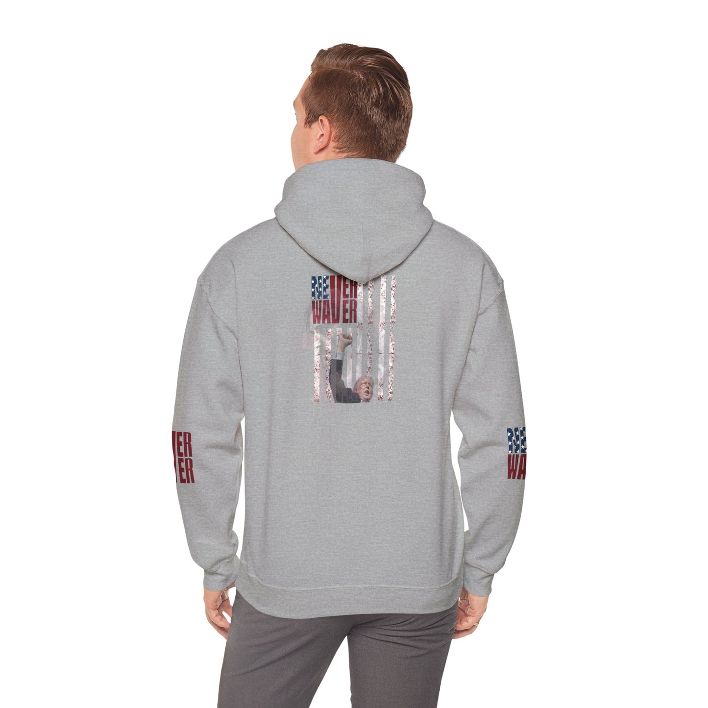 Unisex Heavy Blend™ Hooded Sweatshirt - Stylish Comfort with 'Never Waver Trump Fist Pump W Jesus  Protection' Design - Never Waver