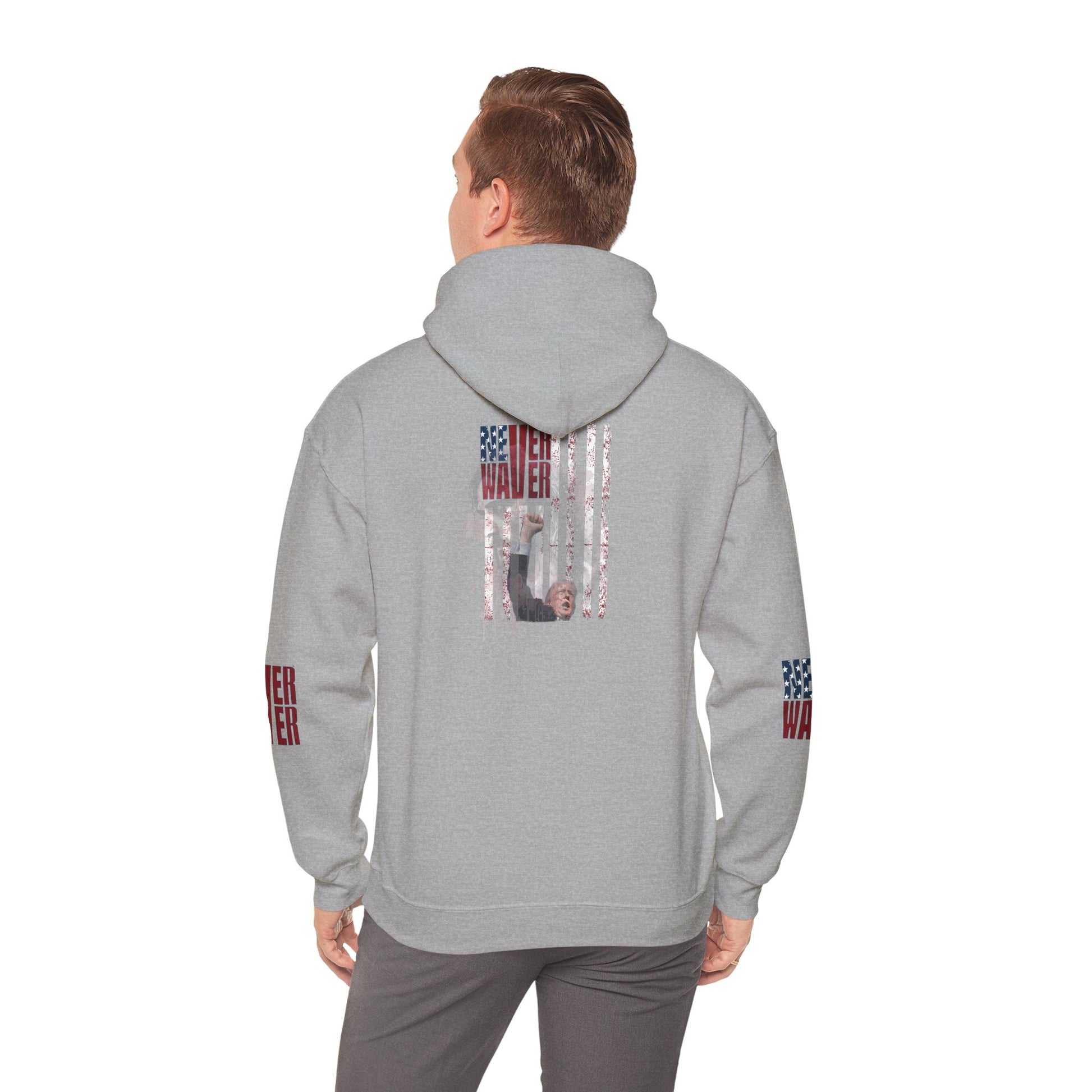 Unisex Heavy Blend™ Hooded Sweatshirt - Stylish Comfort with 'Never Waver Trump Fist Pump W Jesus  Protection' Design - Never Waver