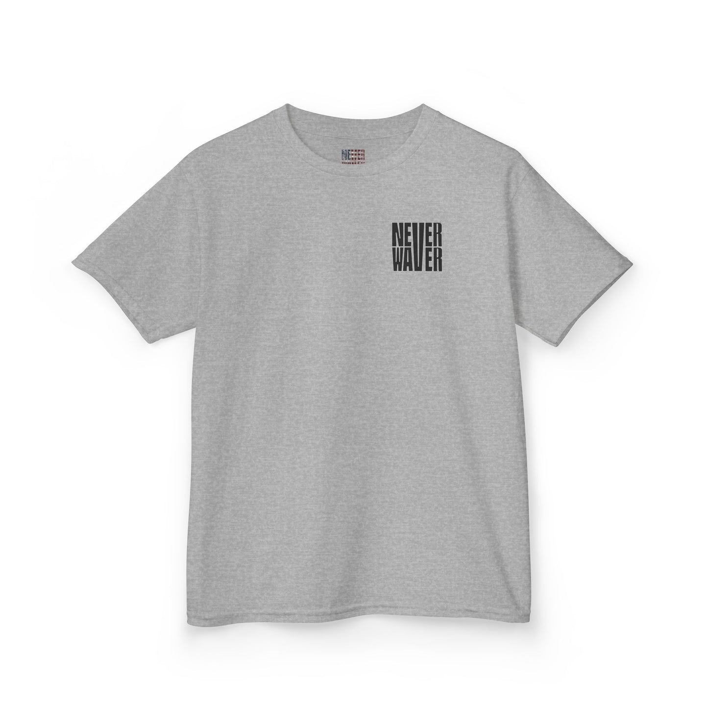 Kids Tee Never Waver” Jesus t-shirt might feature a bold, eye-catching design that reflects a steadfast faith and confidence in Christ.  - Never Waver