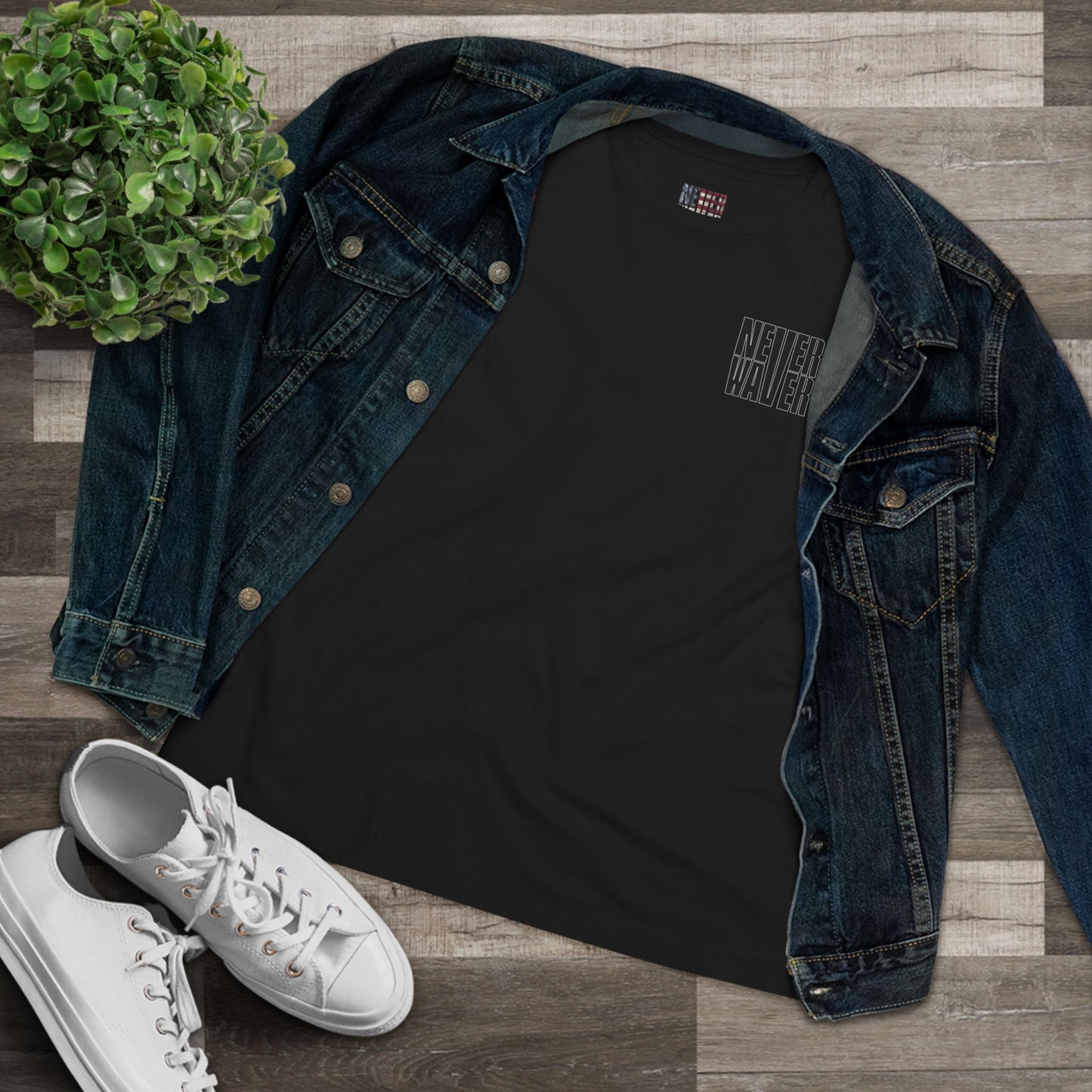 Never Waver” Jesus t-shirt might feature a bold, eye-catching design that reflects a steadfast faith and confidence in Christ.  Women's Cotton Tee - Never Waver