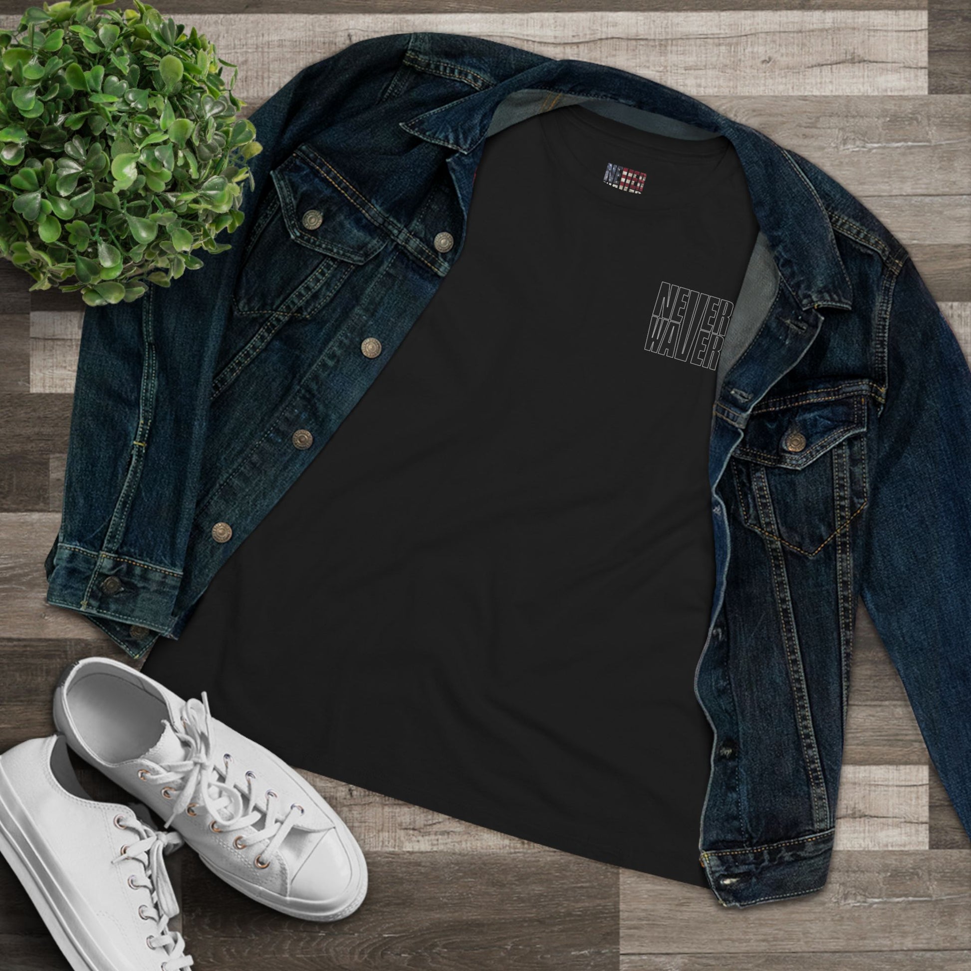 Never Waver” Jesus t-shirt might feature a bold, eye-catching design that reflects a steadfast faith and confidence in Christ.  Women's Cotton Tee - Never Waver