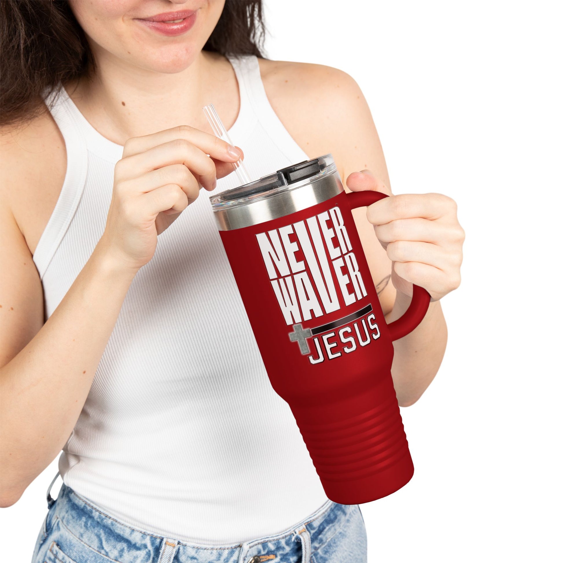 Insulated Travel Mug - "Never Waver” Jesus a bold, eye-catching design that reflects a steadfast faith and confidence in Christ. " - 40oz Sporty Drinkware - Never Waver