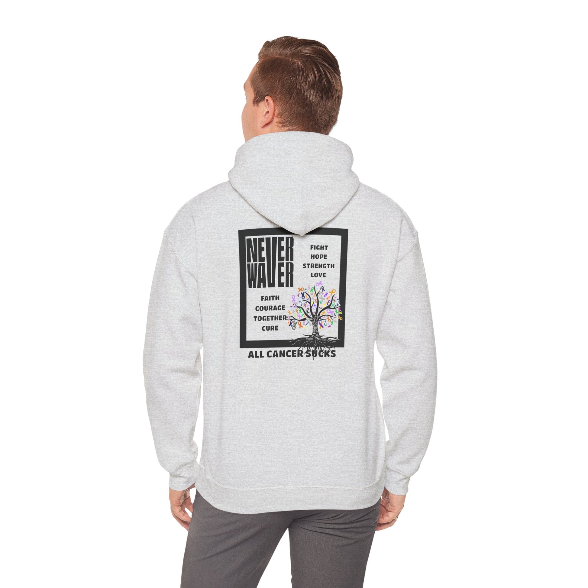Cancer Awareness Hoodie - Never Waver - Fight, Hope, Strength, Love Tree of Ribbons - Never Waver