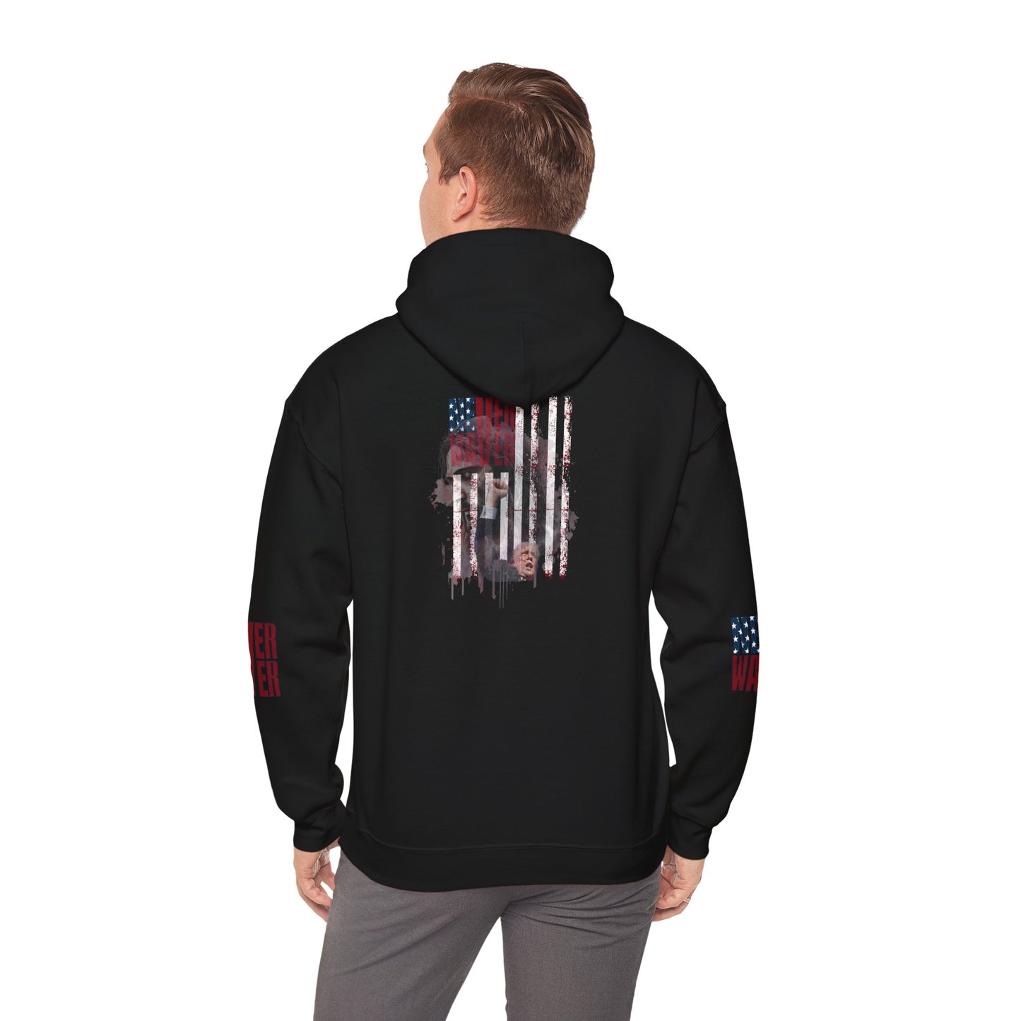 Unisex Heavy Blend™ Hooded Sweatshirt - Stylish Comfort with 'Never Waver Trump Fist Pump W Jesus  Protection' Design - Never Waver