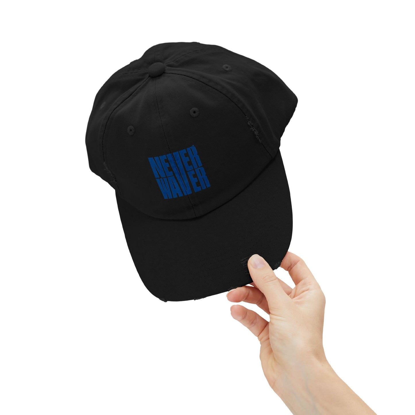 Unisex Distressed Cap - ‘NEVER WAVER’ Motivational Hat for Everyday Inspiration