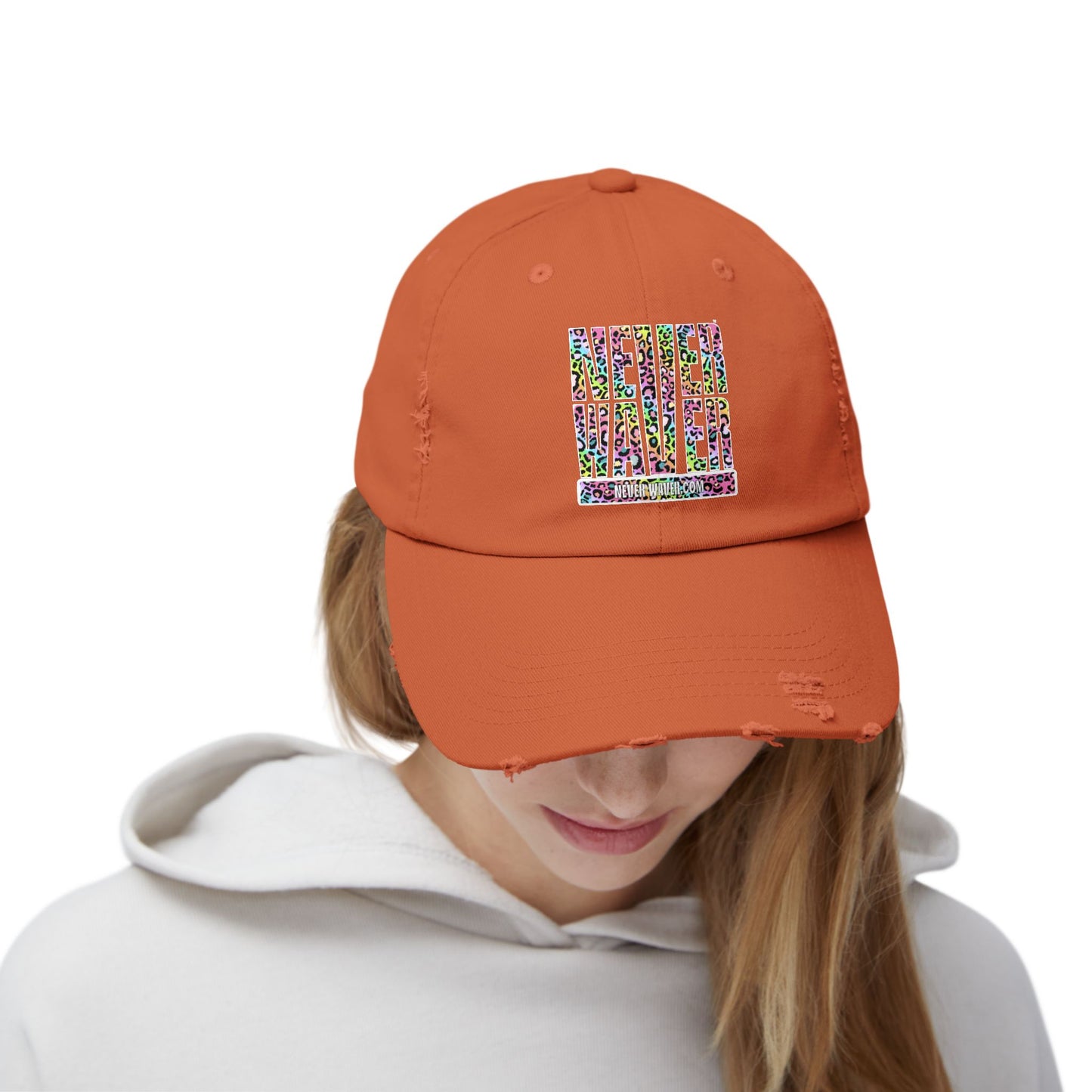 Unisex Distressed Cap - 'NEVER WAVER' Inspirational Hat for Everyday Wear Multi Color Leopard