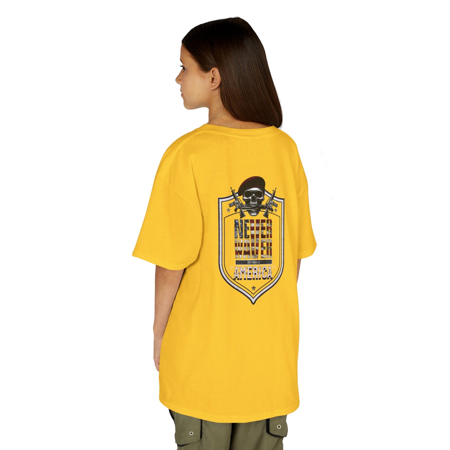 Patriotic Kids Heavy Cotton Tee - 'America Never Waver' USA Graphic Tee - Never Waver