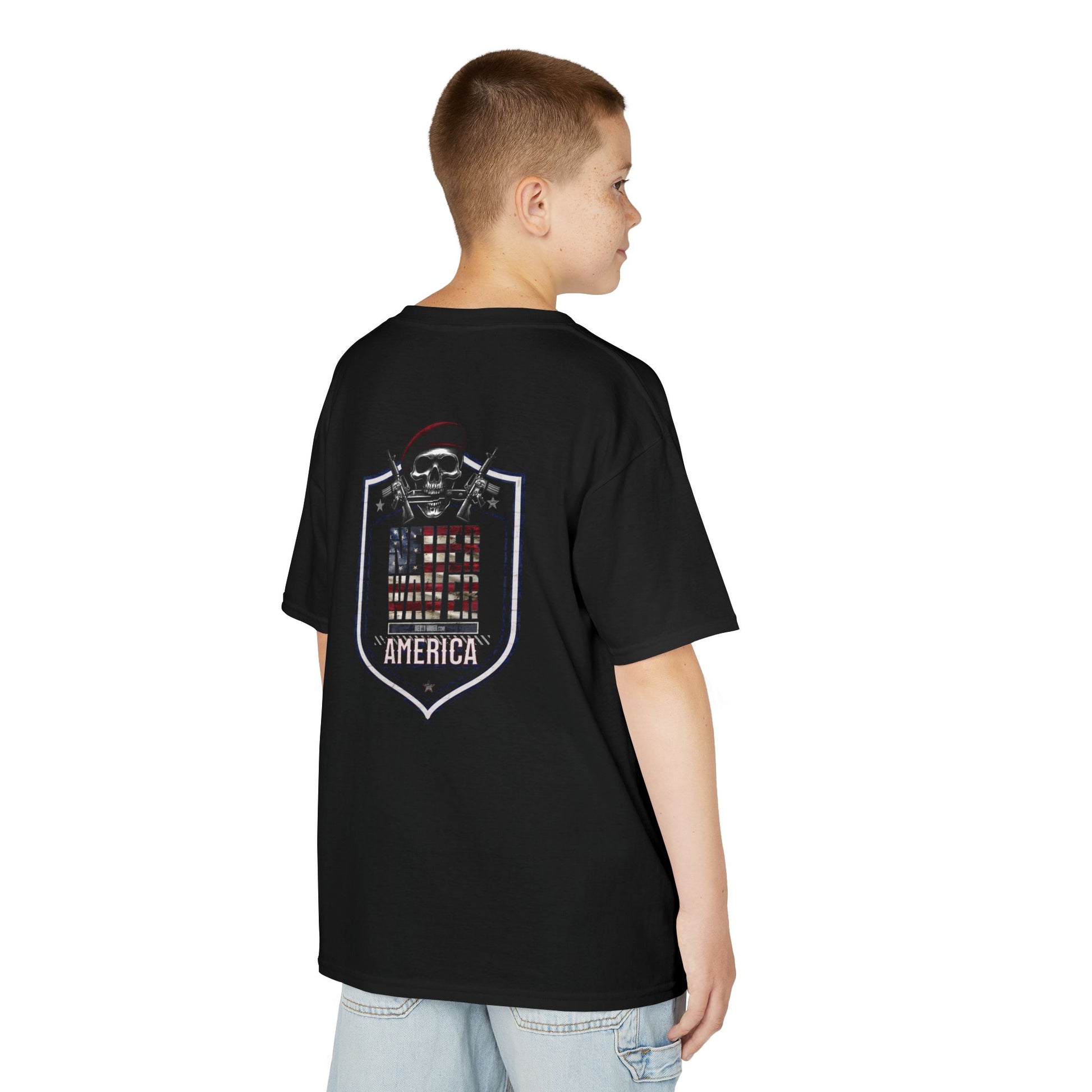 Patriotic Kids Heavy Cotton Tee - 'America Never Waver' USA Graphic Tee - Never Waver