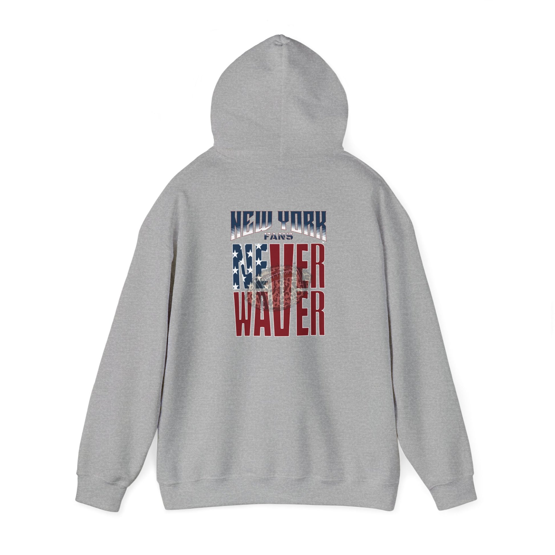 Unisex Heavy Blend™ Hooded Sweatshirt - 'New York Fans Never Waver W Leopard Football' American Pride Design - Never Waver