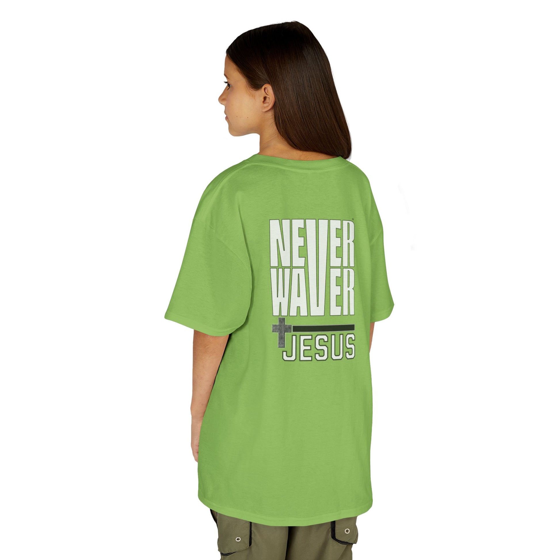 Kids Golf Tee -Never Waver” Jesus a bold, eye-catching design that reflects a steadfast faith and confidence in Christ. - Never Waver