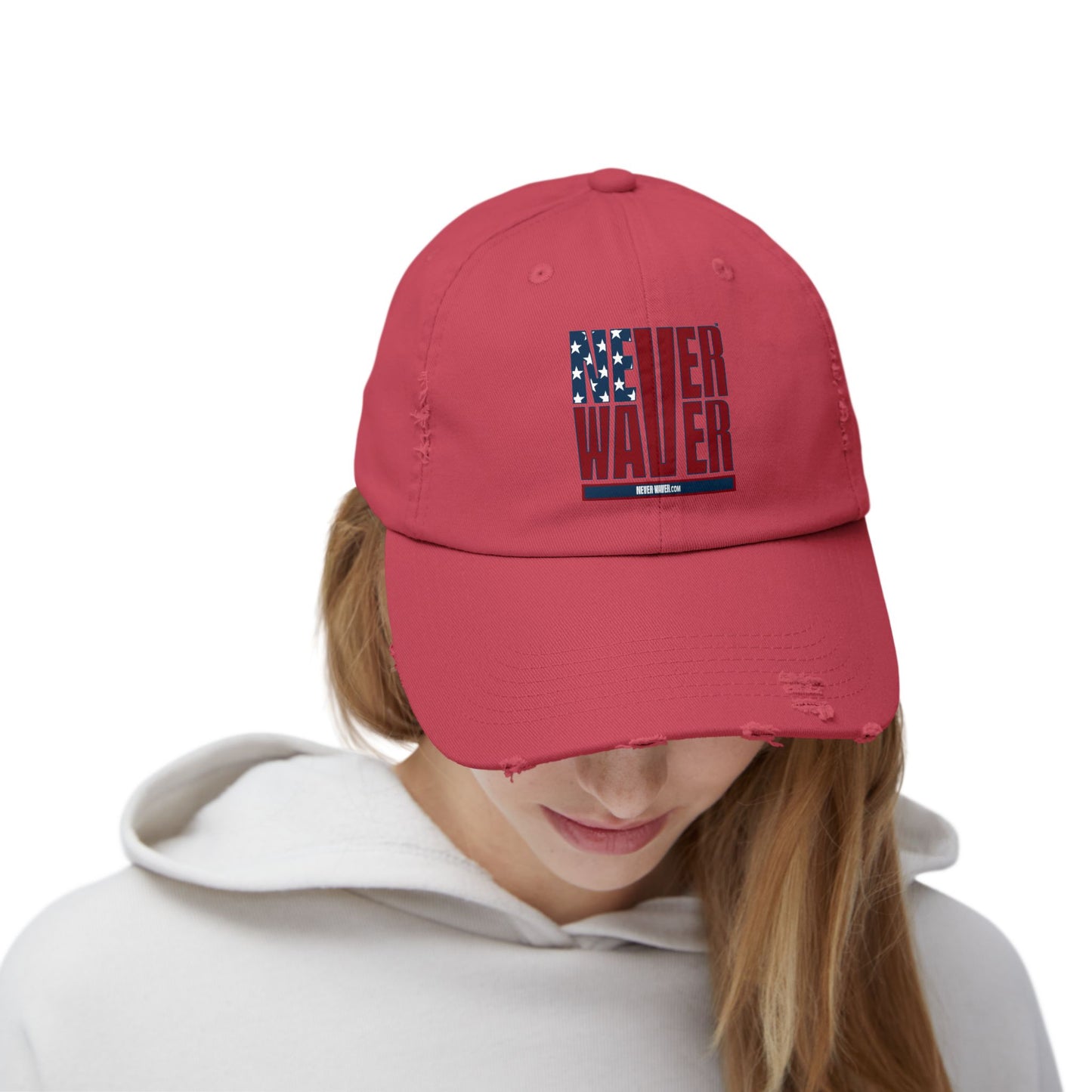 Unisex Distressed Cap - 'Never Waver' Casual Hat for Everyday Style Patriotic