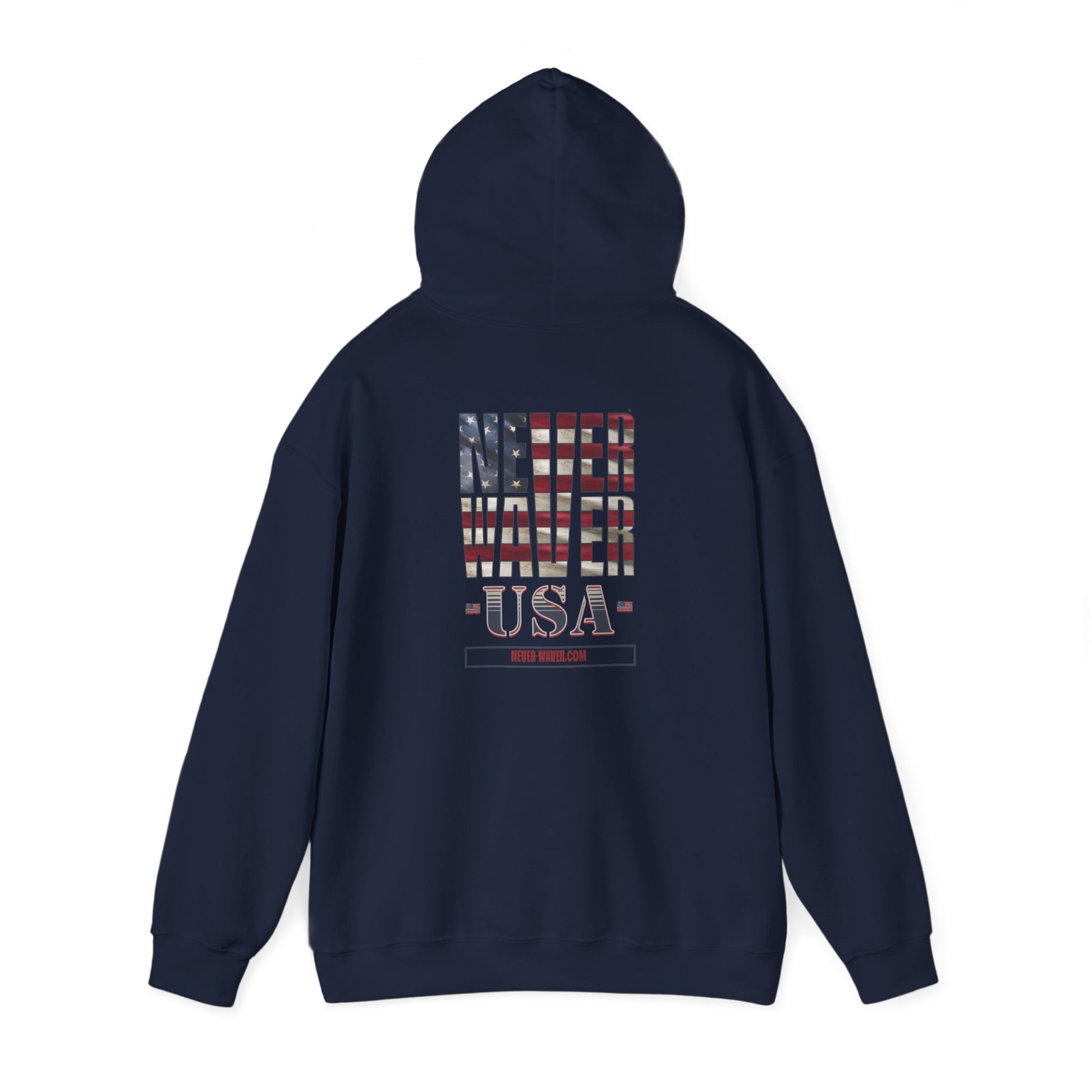 Unisex Heavy Blend™ Hooded Sweatshirt - 'Never Waver' USA Flag Design - Never Waver
