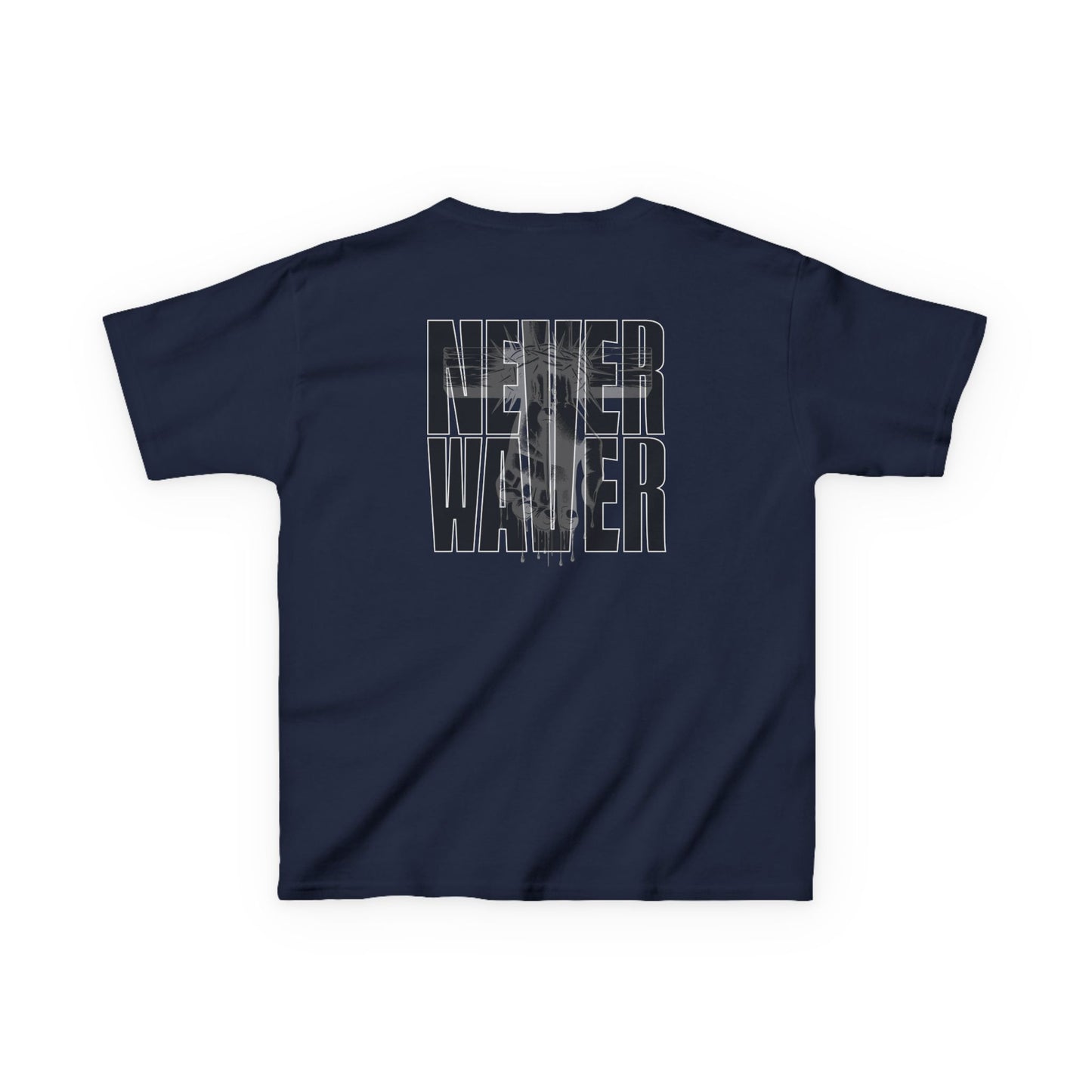 Kids Tee Never Waver” Jesus t-shirt might feature a bold, eye-catching design that reflects a steadfast faith and confidence in Christ.  - Never Waver