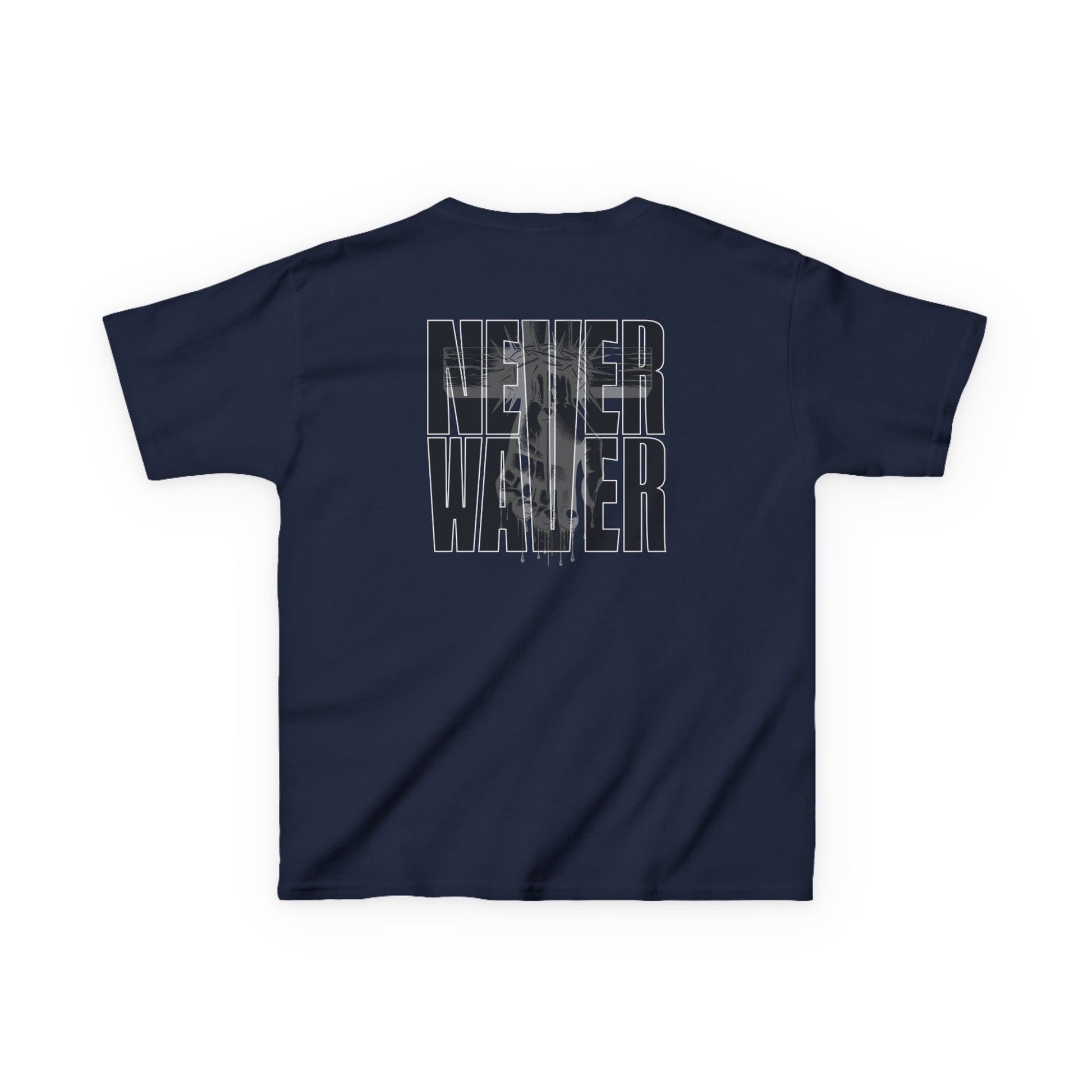 Kids Tee Never Waver” Jesus t-shirt might feature a bold, eye-catching design that reflects a steadfast faith and confidence in Christ.  - Never Waver