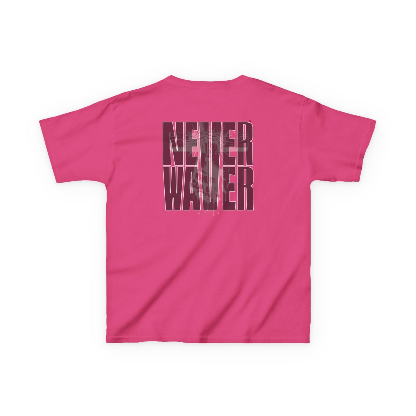Kids Tee Never Waver” Jesus t-shirt might feature a bold, eye-catching design that reflects a steadfast faith and confidence in Christ.  - Never Waver