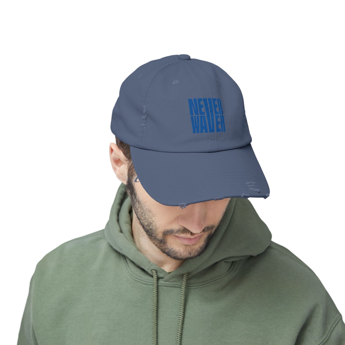 Unisex Distressed Cap - ‘NEVER WAVER’ Motivational Hat for Everyday Inspiration