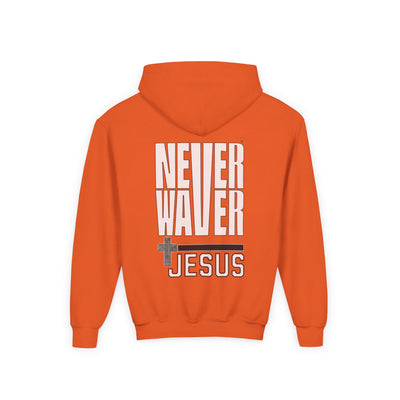 Youth Jesus Hoodie - "Never Waver” Jesus bold, eye-catching design that reflects a steadfast faith and confidence in Christ. " Sweatshirt for Young Jesus Lovers - Never Waver