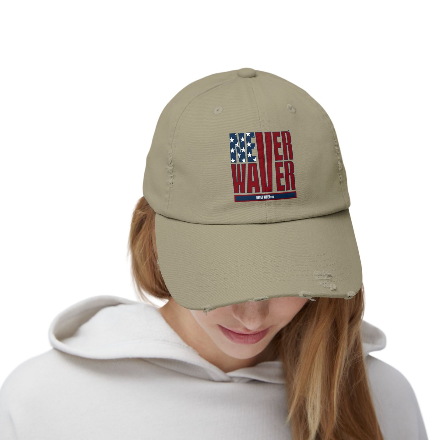 Unisex Distressed Cap - 'Never Waver' Casual Hat for Everyday Style Patriotic