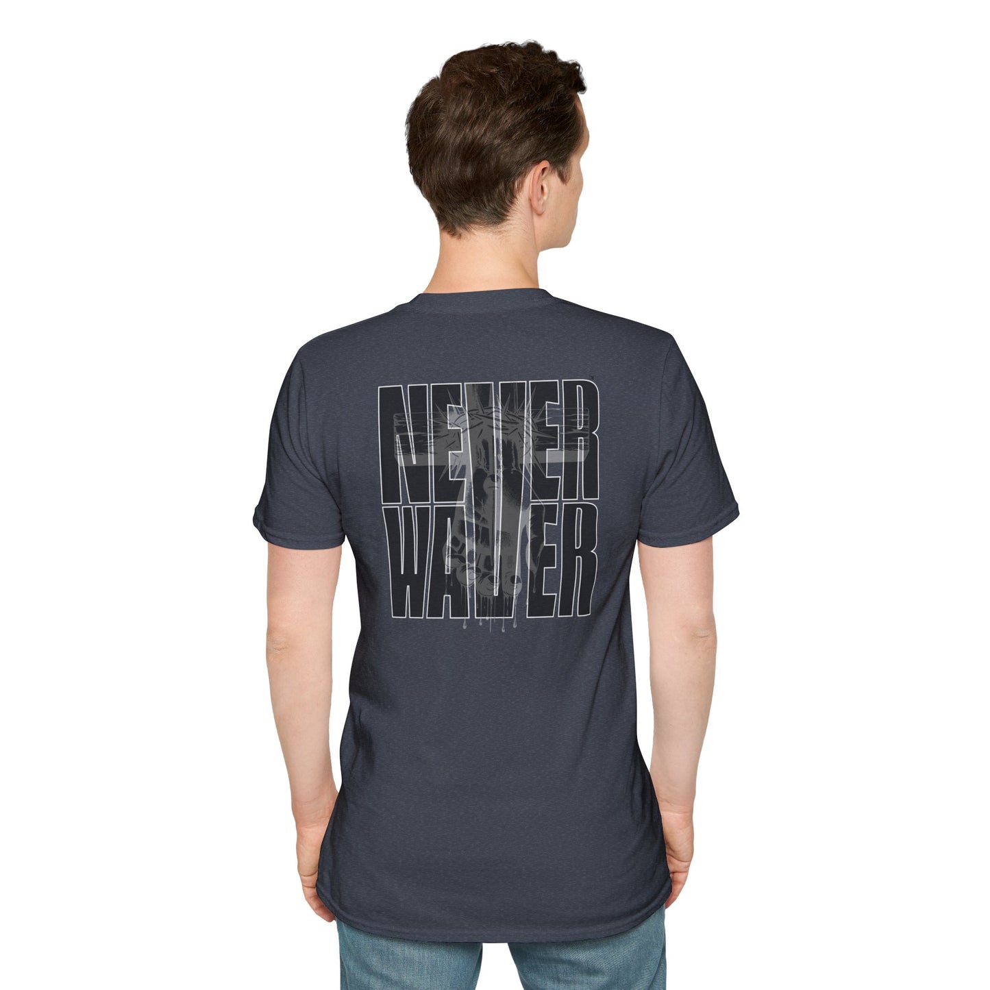 Never Waver” Jesus a bold, eye-catching design that reflects a steadfast faith and confidence in Christ. Unisex Soft style T-Shirt - Never Waver
