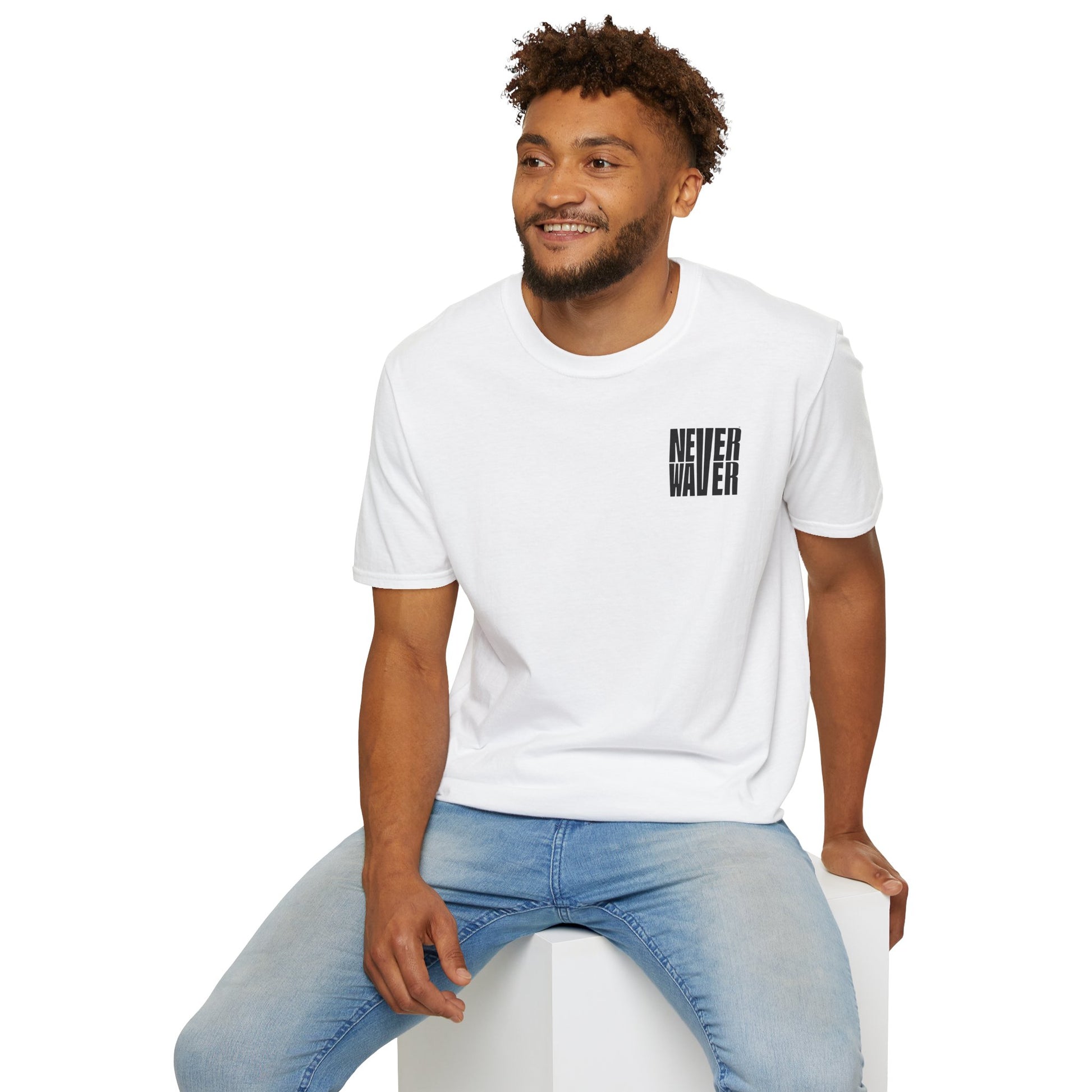 Never Waver” Jesus a bold, eye-catching design that reflects a steadfast faith and confidence in Christ. Unisex Soft style T-Shirt - Never Waver