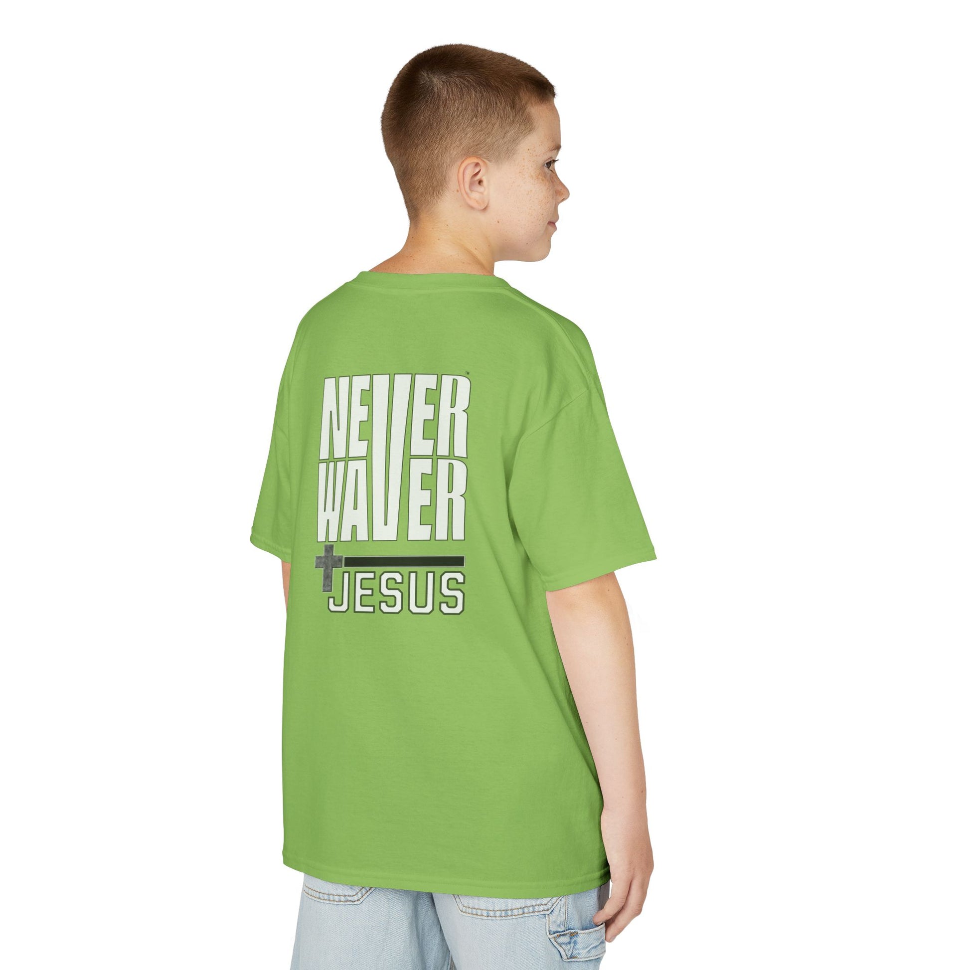 Kids Golf Tee -Never Waver” Jesus a bold, eye-catching design that reflects a steadfast faith and confidence in Christ. - Never Waver