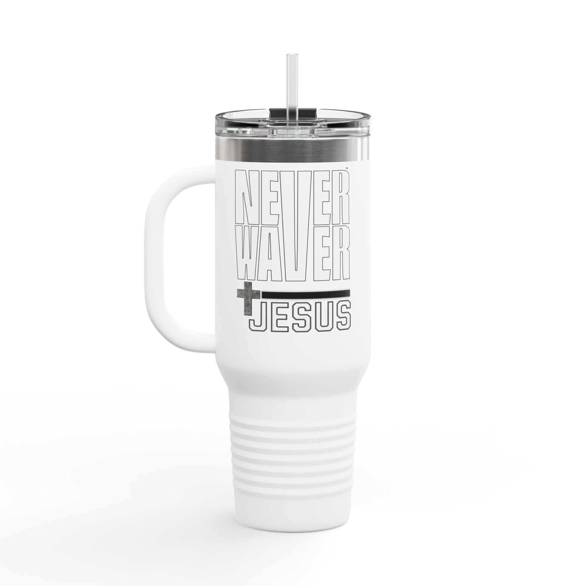 Insulated Travel Mug - "Never Waver” Jesus a bold, eye-catching design that reflects a steadfast faith and confidence in Christ. " - 40oz Sporty Drinkware - Never Waver