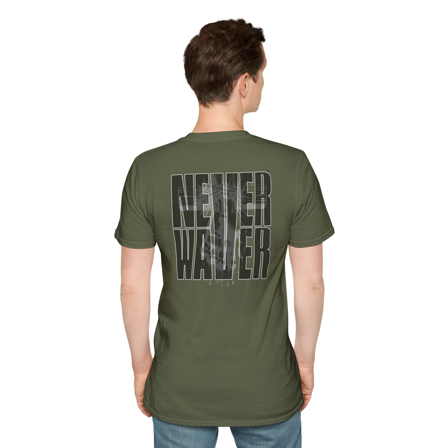 Never Waver” Jesus a bold, eye-catching design that reflects a steadfast faith and confidence in Christ. Unisex Soft style T-Shirt - Never Waver