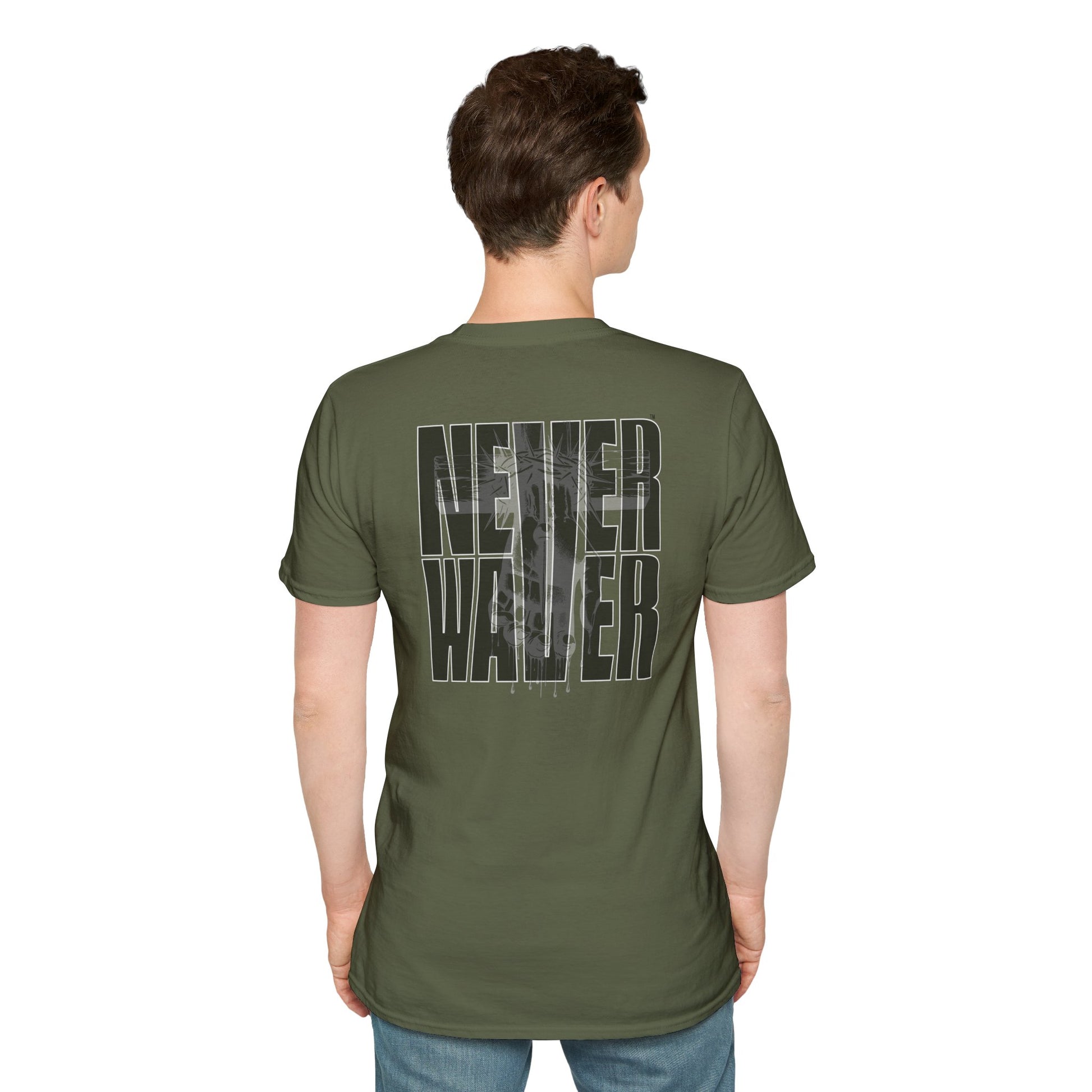 Never Waver” Jesus a bold, eye-catching design that reflects a steadfast faith and confidence in Christ. Unisex Soft style T-Shirt - Never Waver