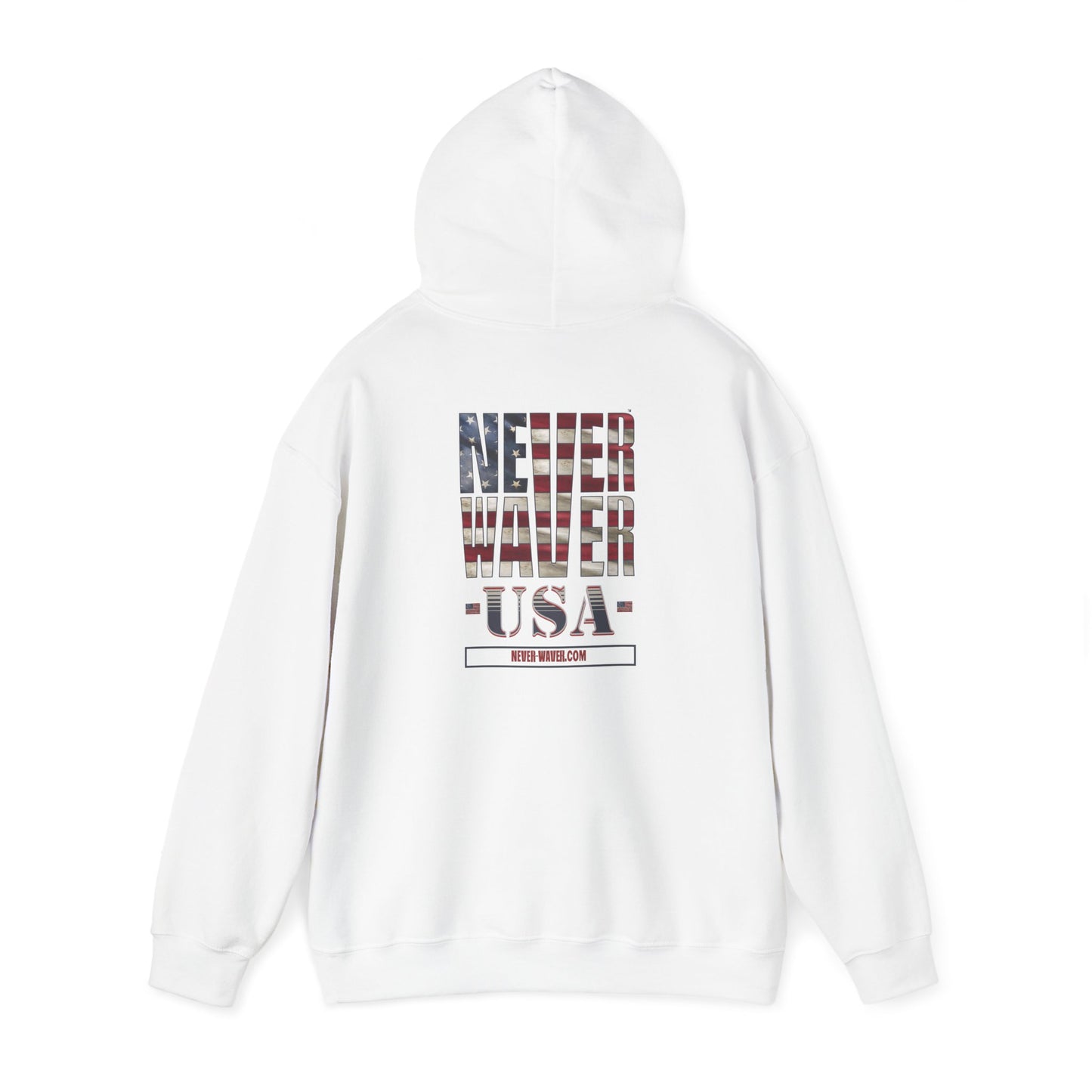 Unisex Heavy Blend™ Hooded Sweatshirt - 'Never Waver' USA Flag Design - Never Waver
