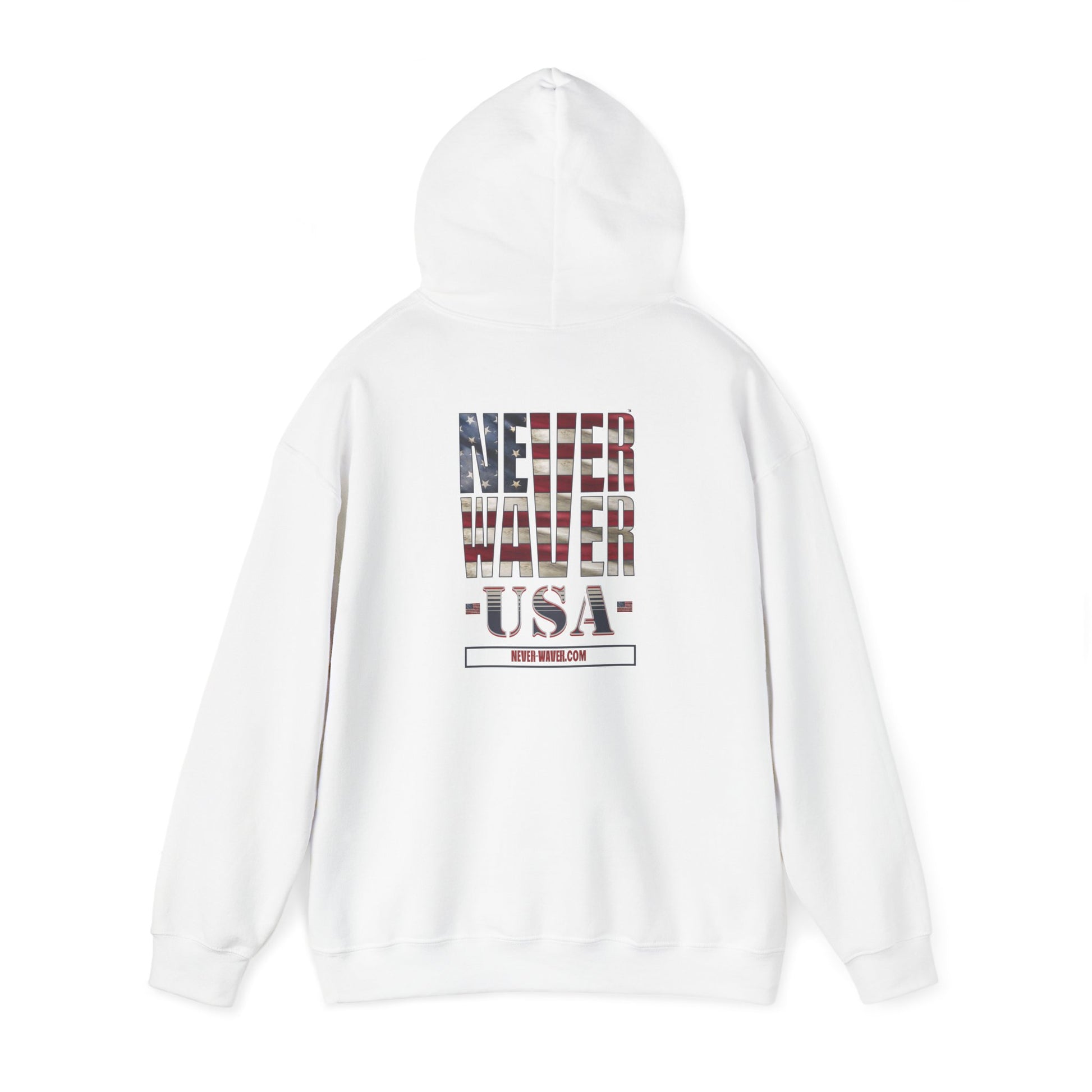 Unisex Heavy Blend™ Hooded Sweatshirt - 'Never Waver' USA Flag Design - Never Waver