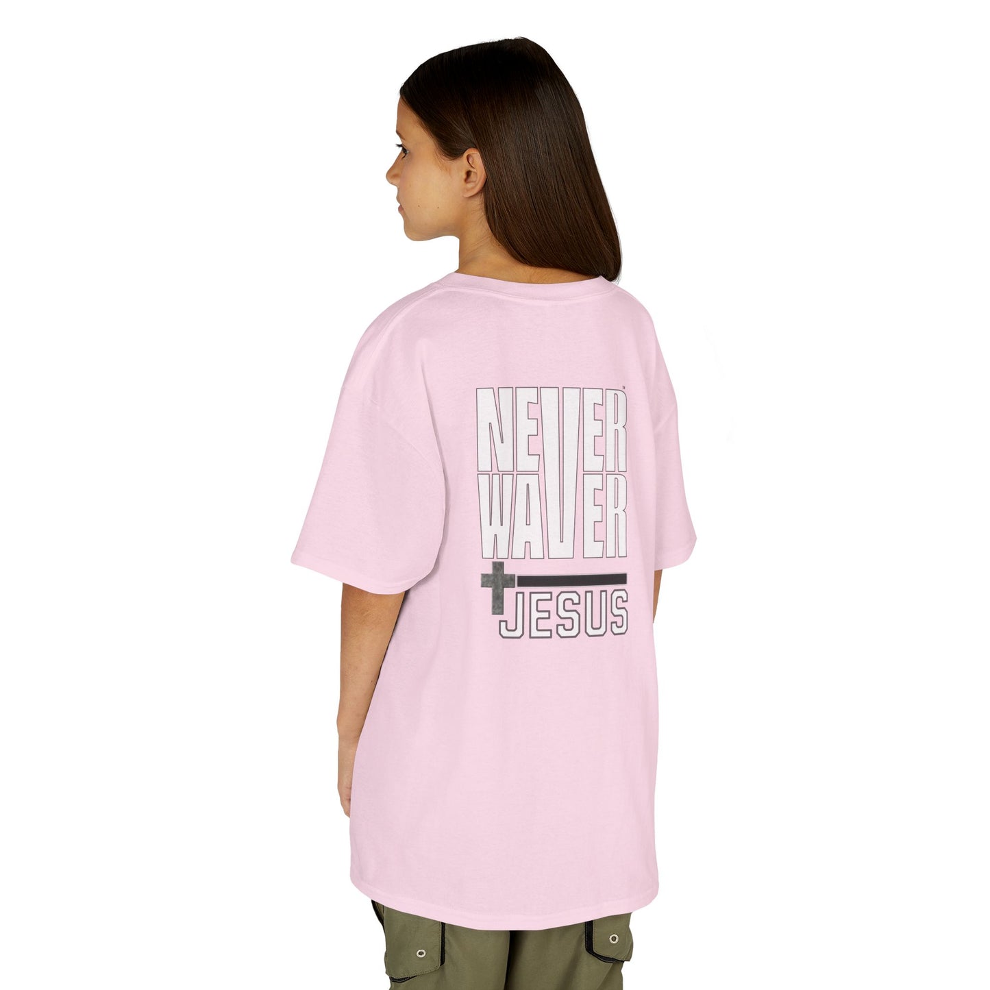 Kids Golf Tee -Never Waver” Jesus a bold, eye-catching design that reflects a steadfast faith and confidence in Christ. - Never Waver