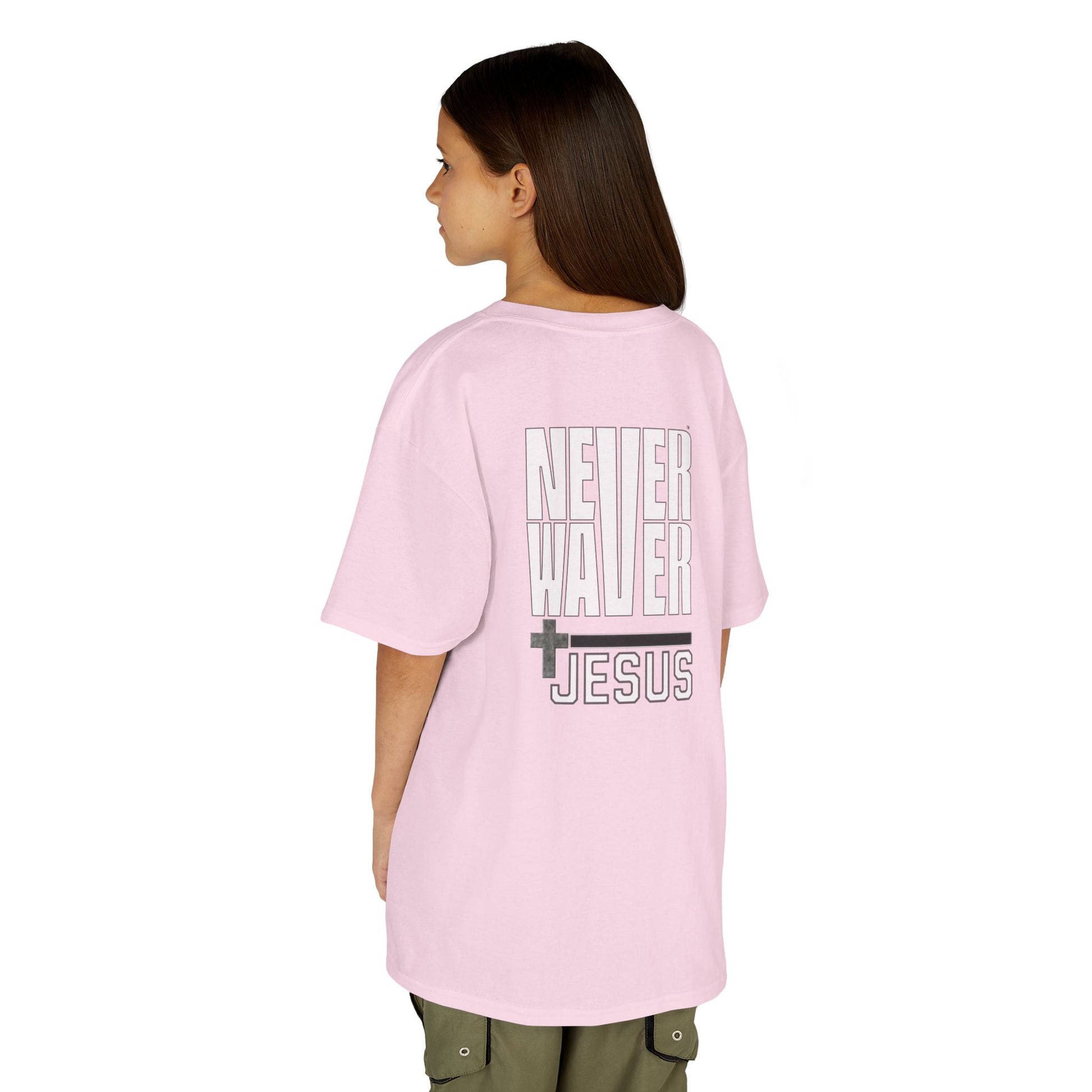 Kids Golf Tee -Never Waver” Jesus a bold, eye-catching design that reflects a steadfast faith and confidence in Christ. - Never Waver