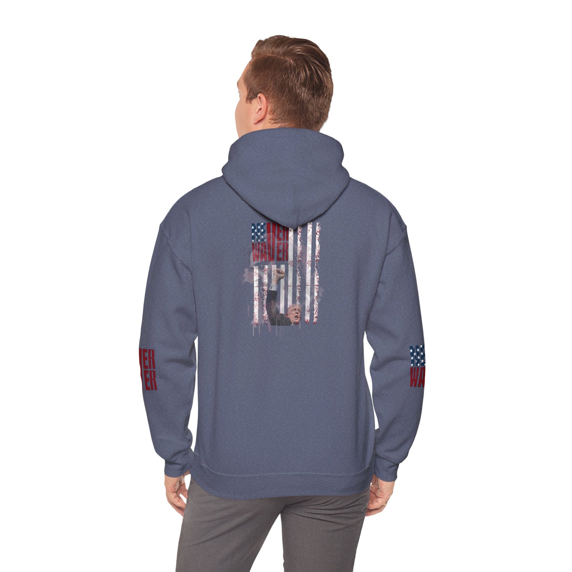 Unisex Heavy Blend™ Hooded Sweatshirt - Stylish Comfort with 'Never Waver Trump Fist Pump W Jesus  Protection' Design - Never Waver