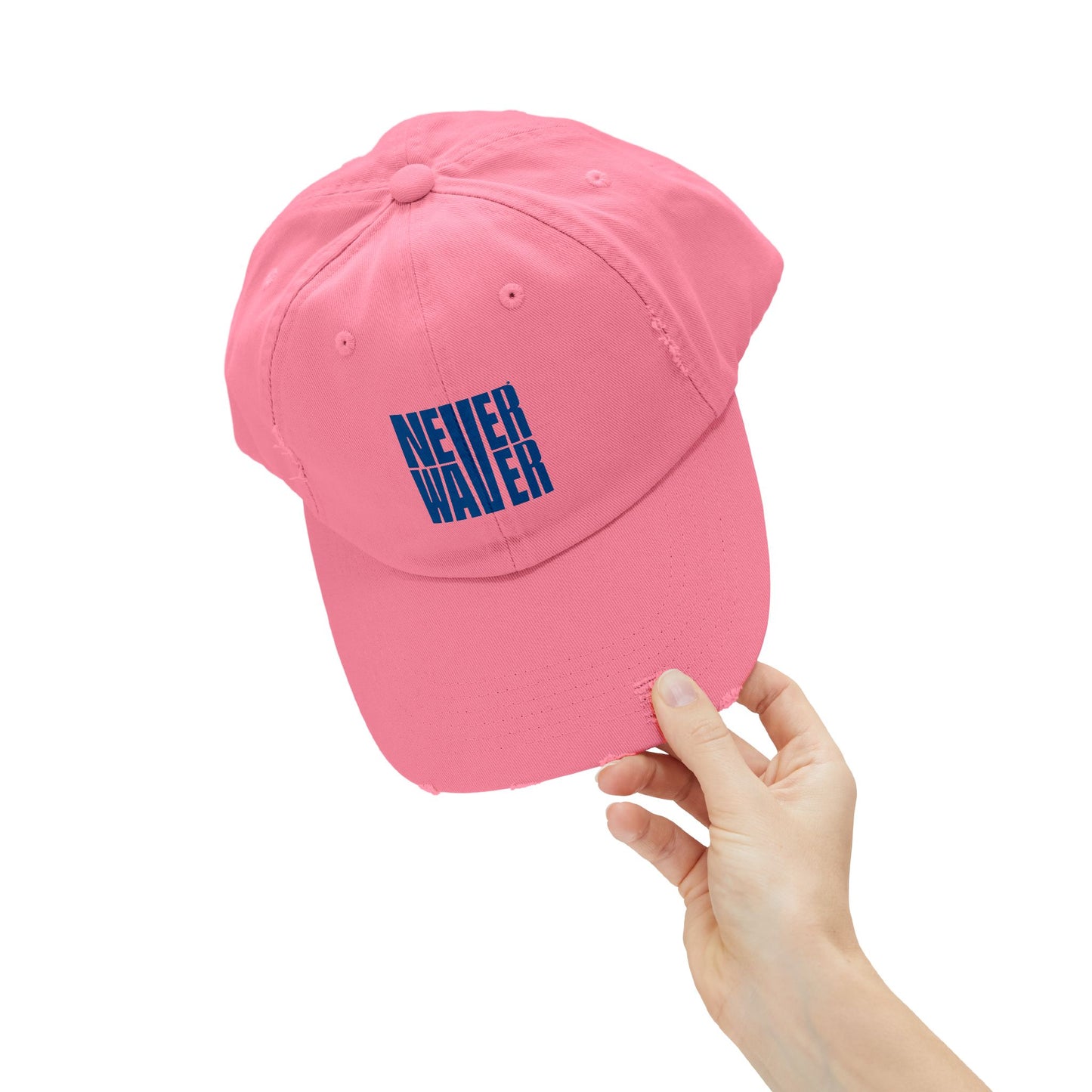 Unisex Distressed Cap - ‘NEVER WAVER’ Motivational Hat for Everyday Inspiration